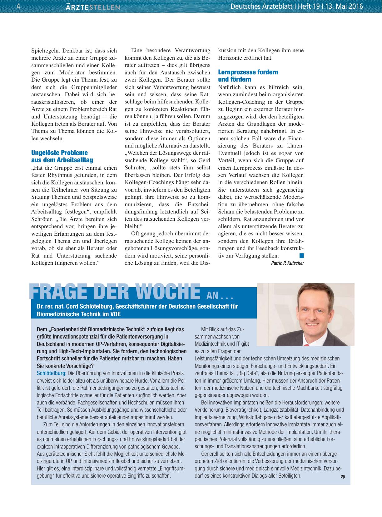 Vorschauseite 1: Frage der Woche an. .. Dr. rer. nat. Cord Schlötelburg, Geschäftsführer der Deutschen Gesellschaft für Biomedizinische Technik im VDE