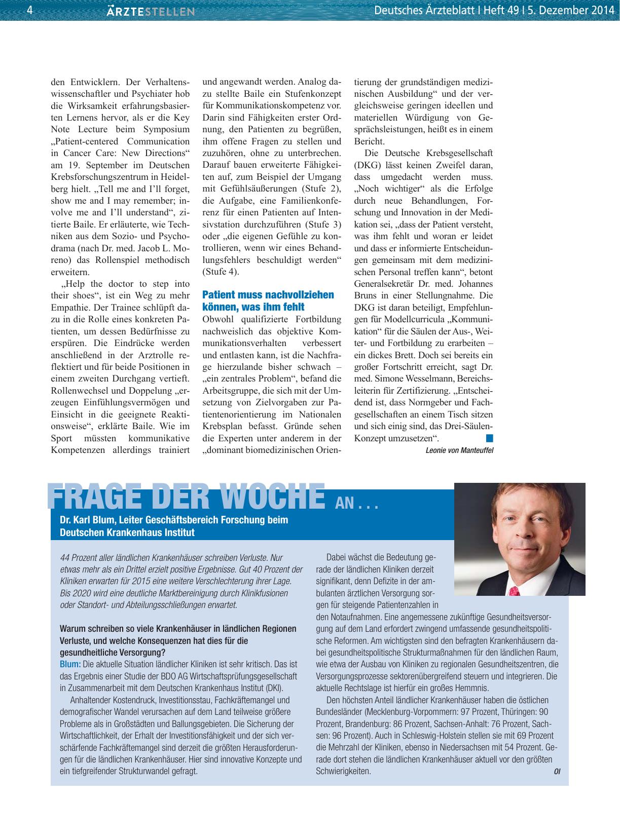 Vorschauseite 1: Frage der Woche an. .. Dr. Karl Blum, Leiter Geschäftsbereich Forschung beim Deutschen Krankenhaus Institut
