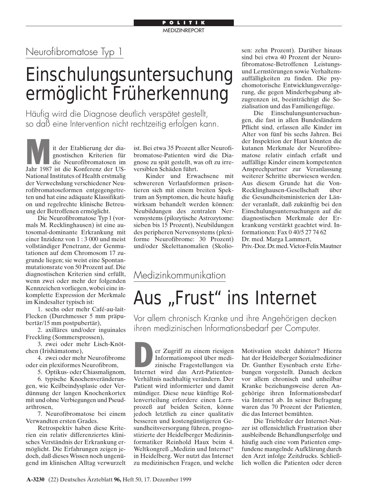 Vorschauseite 1: Neurofibromatose Typ 1: Einschulungsuntersuchung ermöglicht Früherkennung