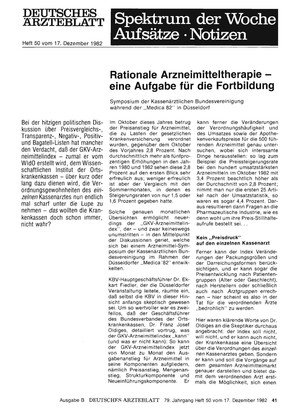 Vorschauseite 1: Rationale Arzneimitteltherapie - eine Aufgabe für die Fortbildung: Symposium der Kassenärztlichen Bundesvereinigung während der „Medica 82“ in Düsseldorf