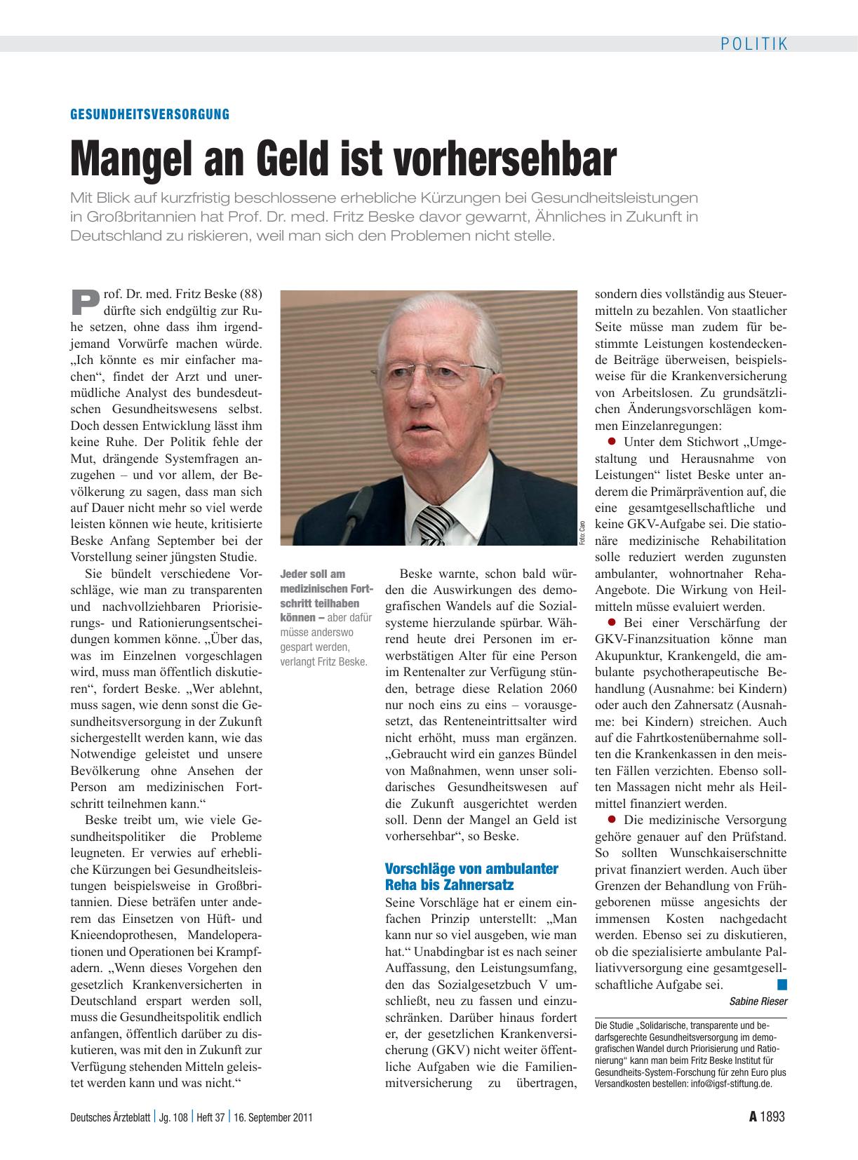 Vorschauseite 1: Gesundheitsversorgung: Mangel an Geld ist vorhersehbar