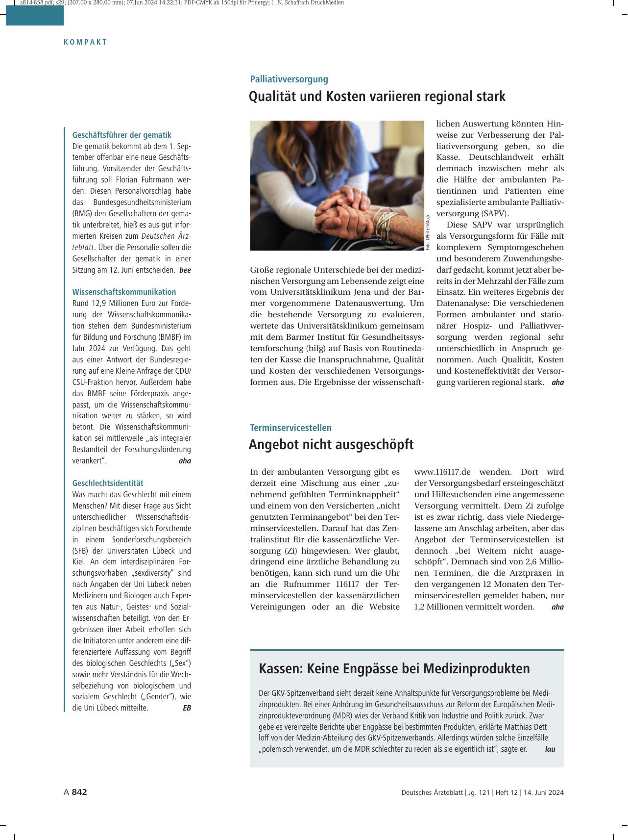 Vorschauseite 1: Palliativversorgung: Qualität und Kosten variieren regional stark