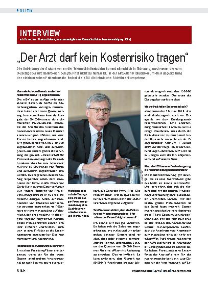 Vorschauseite 1: Interview mit Dr. rer. soc. Thomas Kriedel, Vorstandsmitglied der Kassenärztlichen Bundesvereinigung (KBV): „Der Arzt darf kein Kostenrisiko tragen“