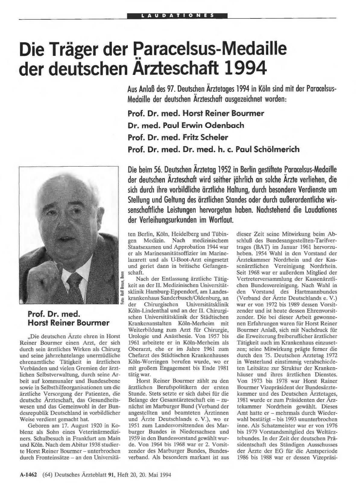Vorschauseite 1: Die Träger der Paracelsus-Medaille der deutschen Ärzteschaft 1994