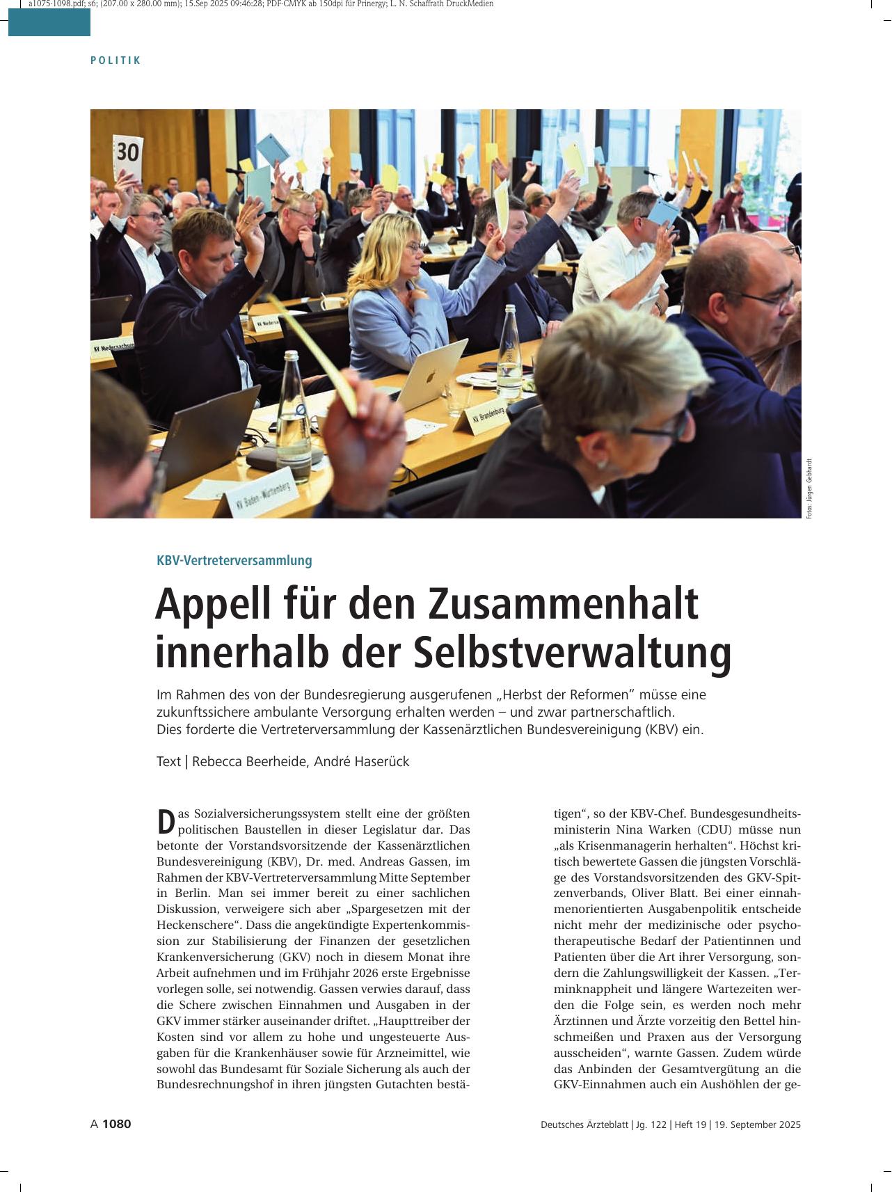 Vorschauseite 1: KBV-Vertreterversammlung: Appell für den Zusammenhalt innerhalb der Selbstverwaltung