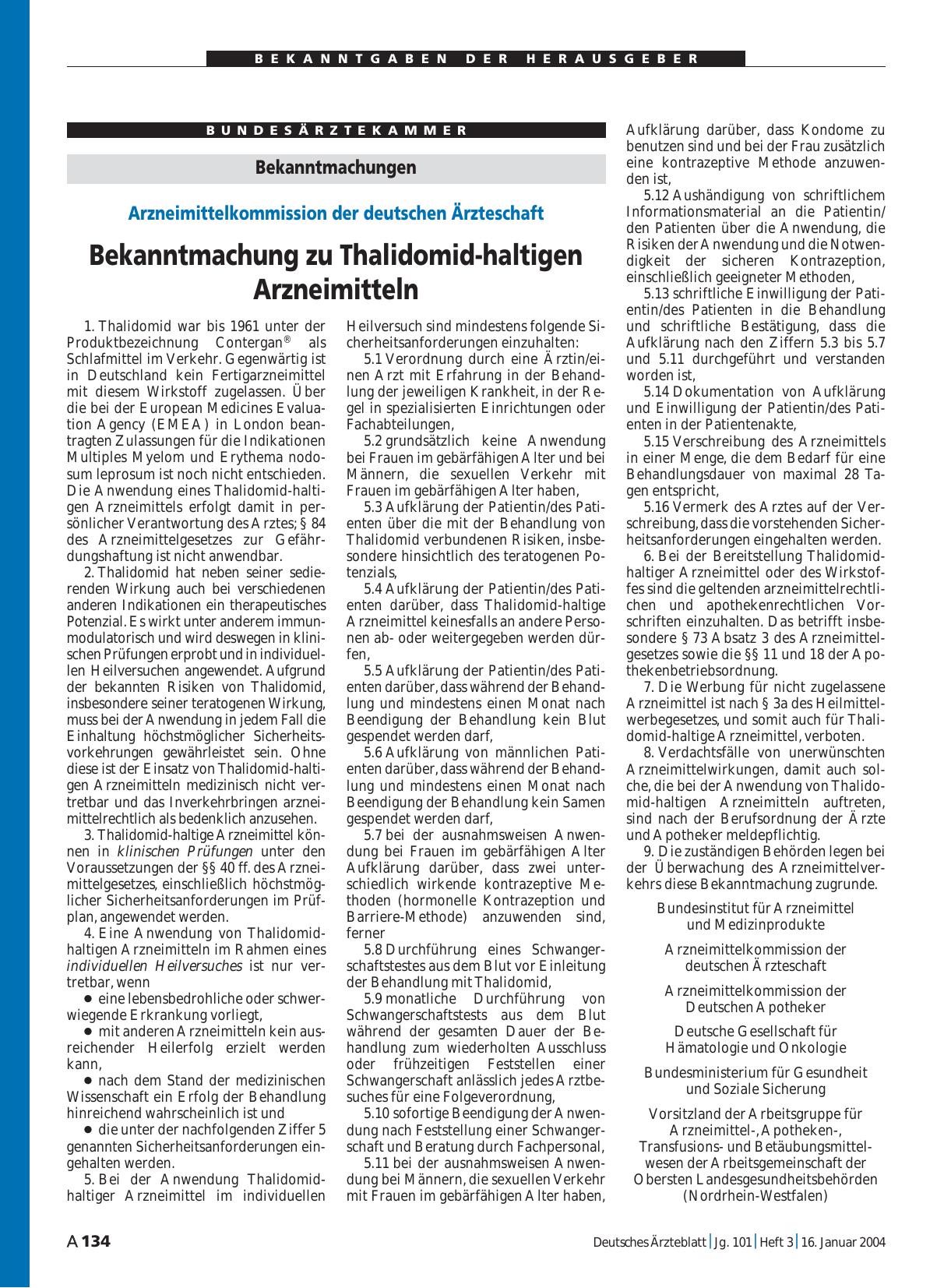 Vorschauseite 1: Bekanntmachungen: Bekanntmachung zu Thalidomid-haltigen Arzneimitteln