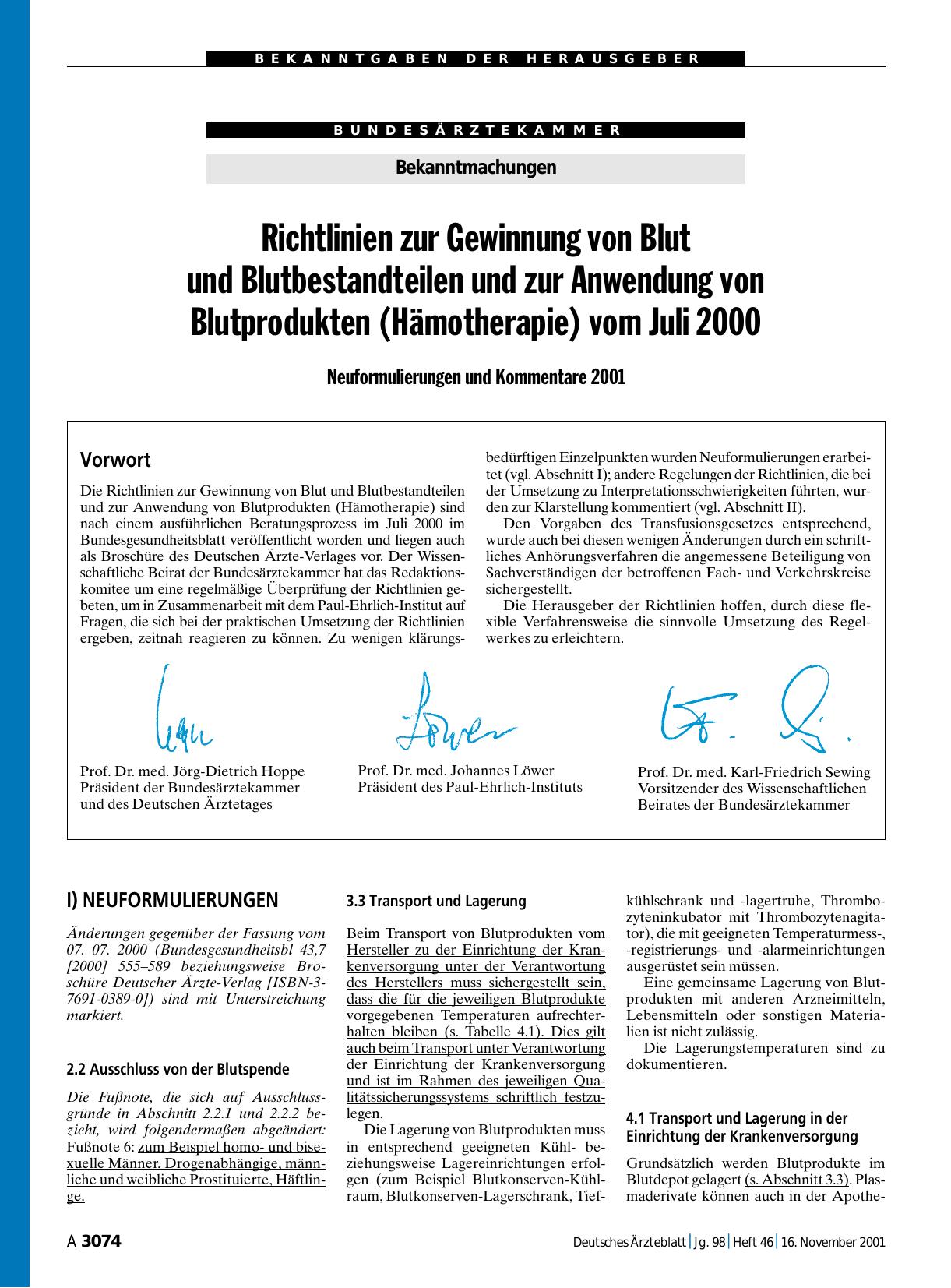Vorschauseite 1: Bekanntmachungen: Richtlinien zur Gewinnung von Blut und Blutbestandteilen und zur Anwendung von Blutprodukten (Hämotherapie) vom Juli 2000