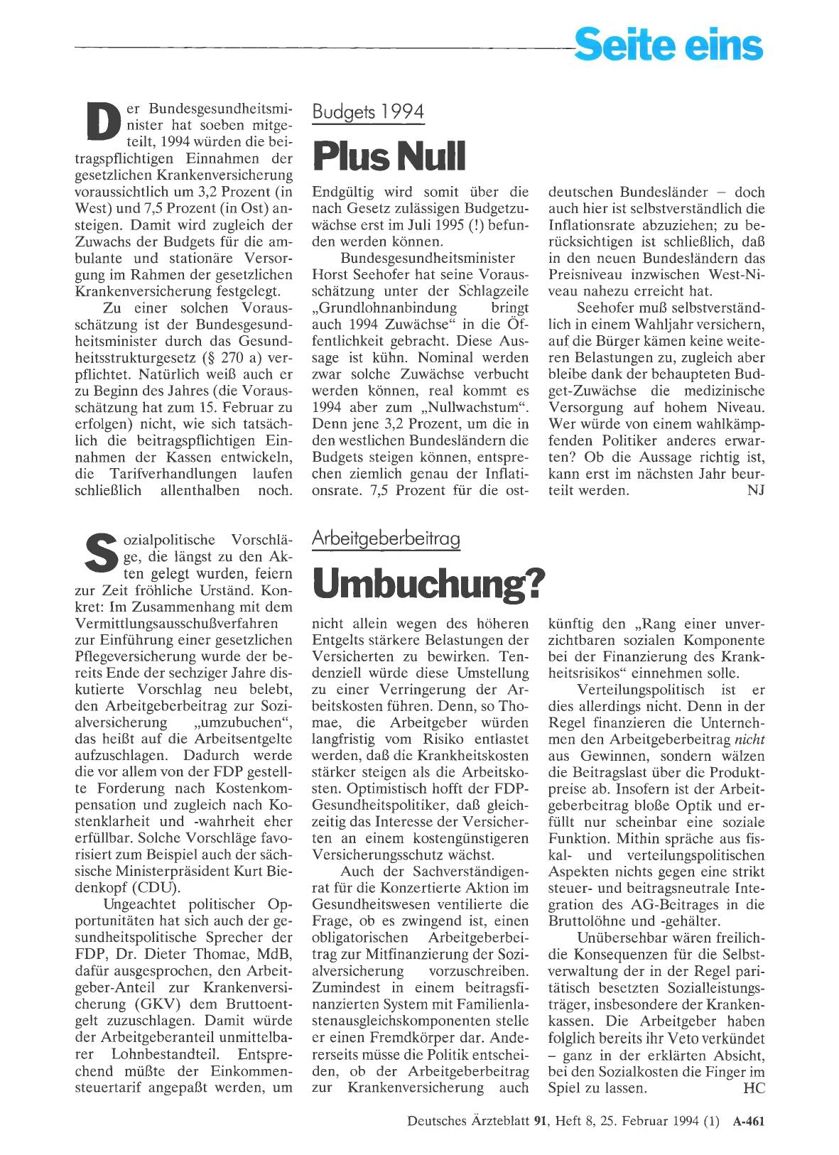 Vorschauseite 1: Budgets 1994: Plus Null