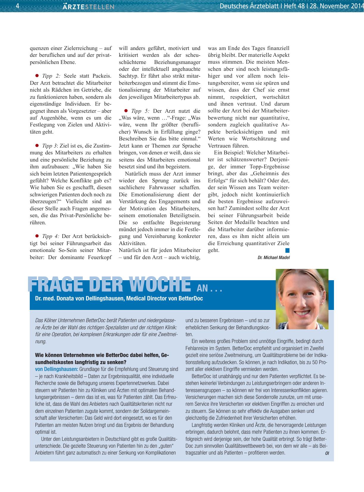 Vorschauseite 1: Frage der Woche an. .. Dr. med. Donata von Dellingshausen, Medical Director von BetterDoc