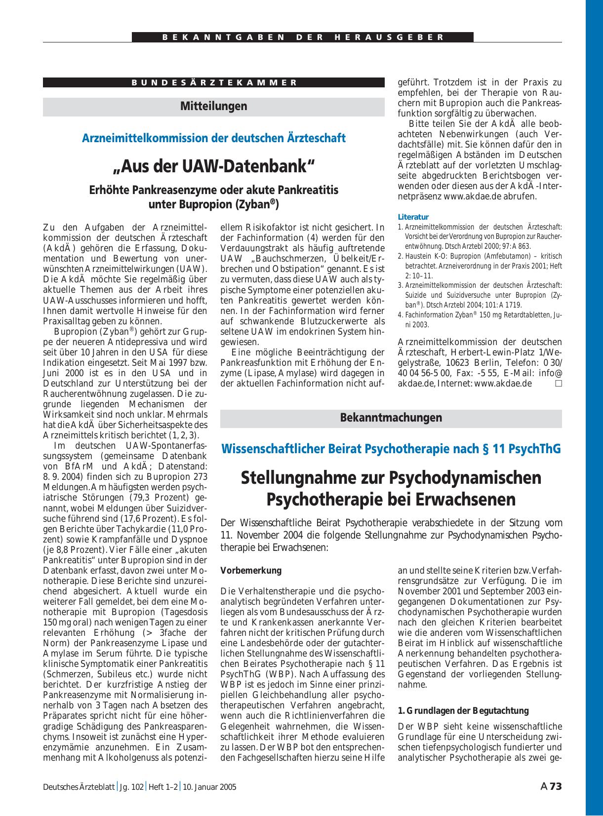 Vorschauseite 1: „Aus der UAW-Datenbank“: Erhöhte Pankreasenzyme oder akute Pankreatitis unter Bupropion (Zyban®)