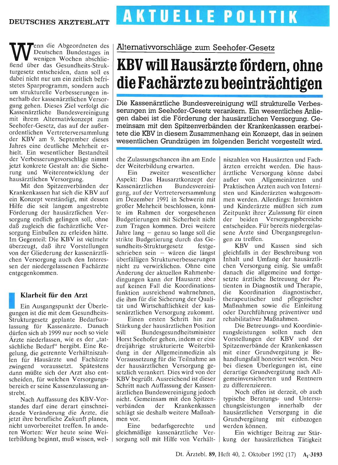 Vorschauseite 1: Alternativvorschläge zum Seehofer-Gesetz: KBV will Hausärzte fördern, ohne die Fachärzte zu beeinträchtigen