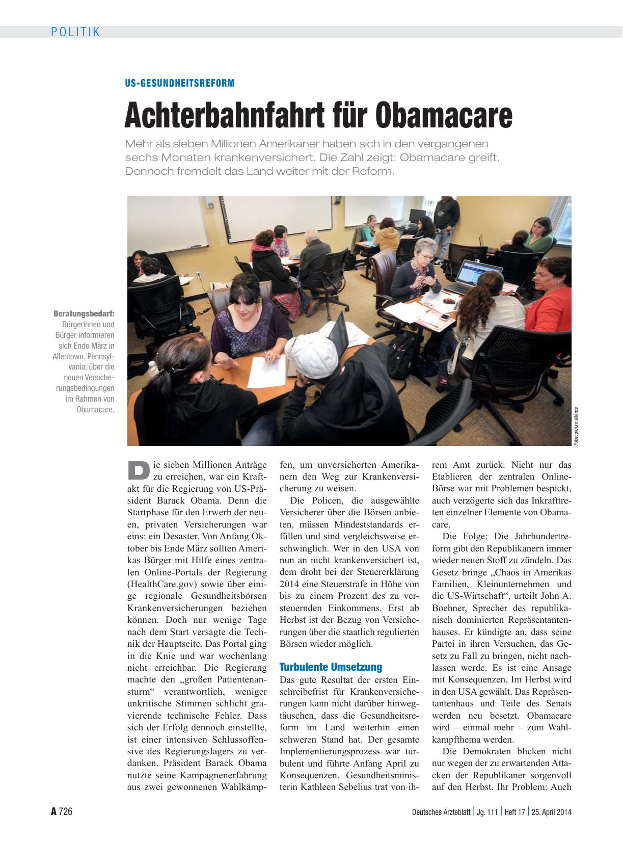 Vorschauseite 1: US-Gesundheitsreform: Achterbahnfahrt für Obamacare