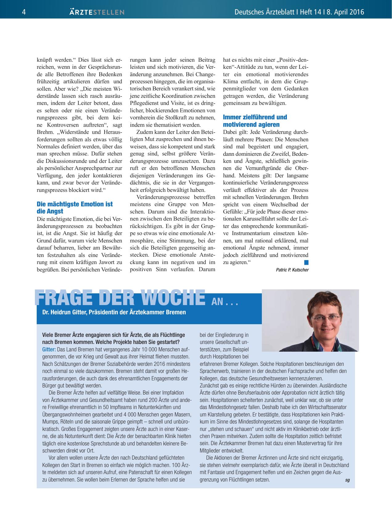 Vorschauseite 1: Frage der Woche an. .. Dr. Heidrun Gitter, Präsidentin der Ärztekammer Bremen