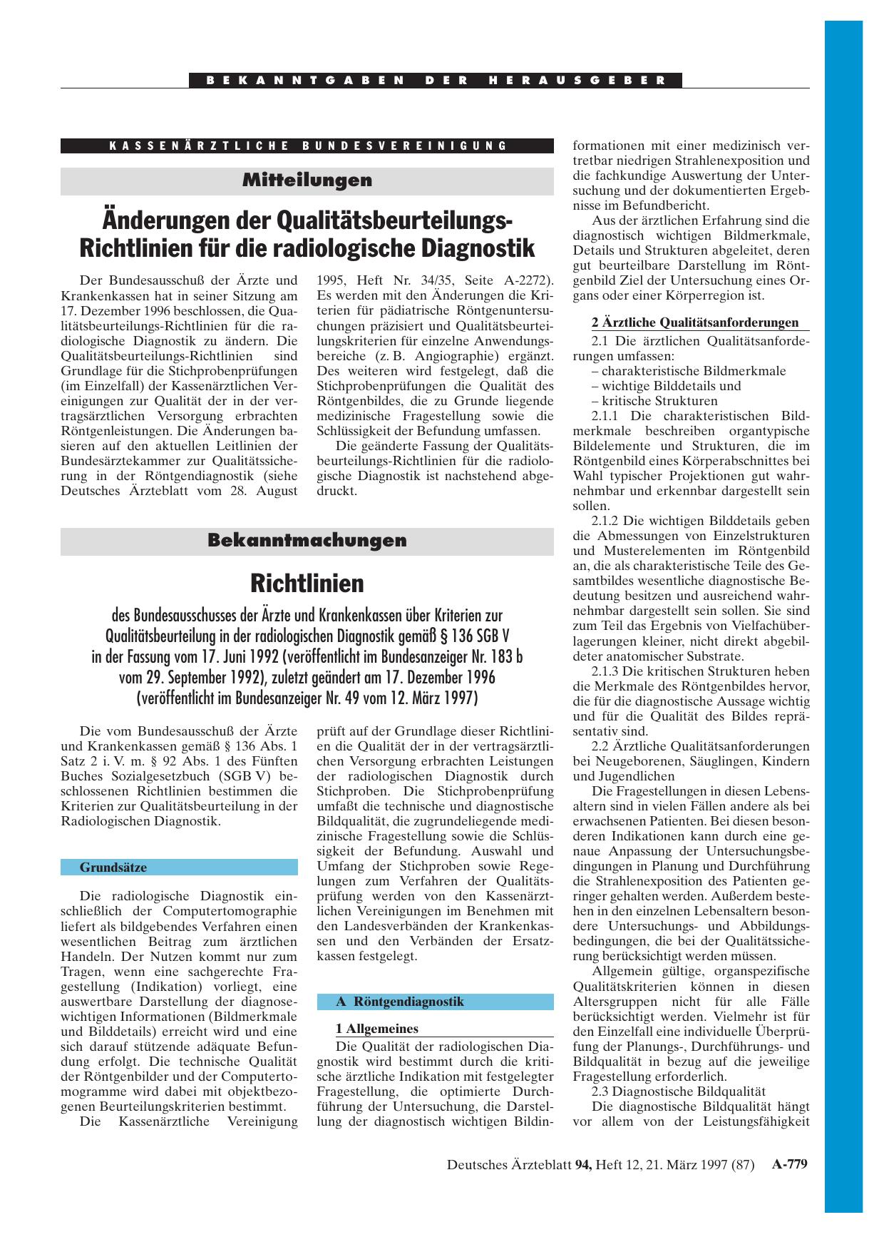 Vorschauseite 1: Bekanntmachungen: Richtlinien des Bundesausschusses der Ärzte und Krankenkassen über Kriterien zur Qualitätsbeurteilung in der radiologischen Diagnostik gemäß § 136 SGB V in der F…