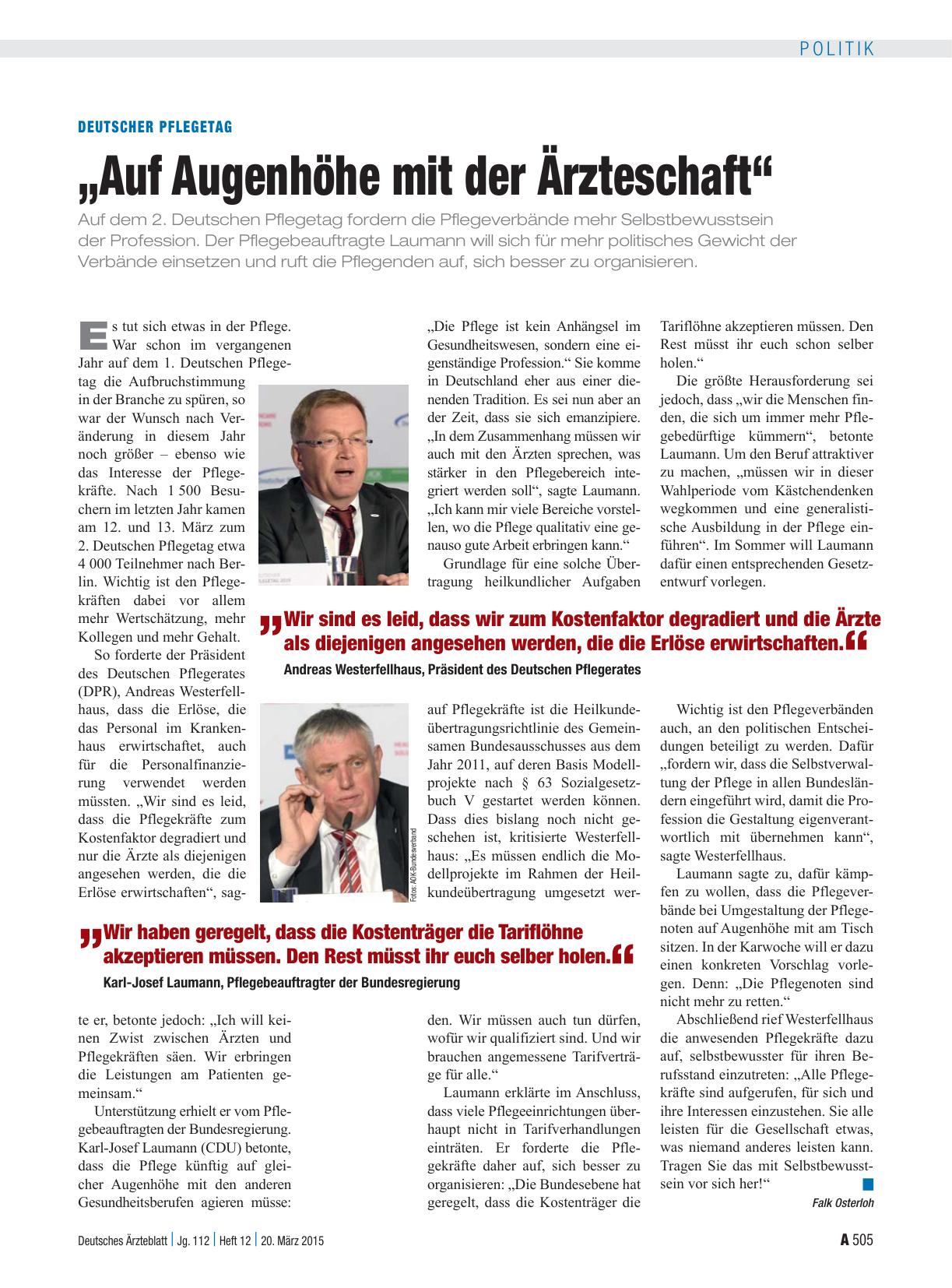 Vorschauseite 1: Deutscher Pflegetag: „Auf Augenhöhe mit der Ärzteschaft“