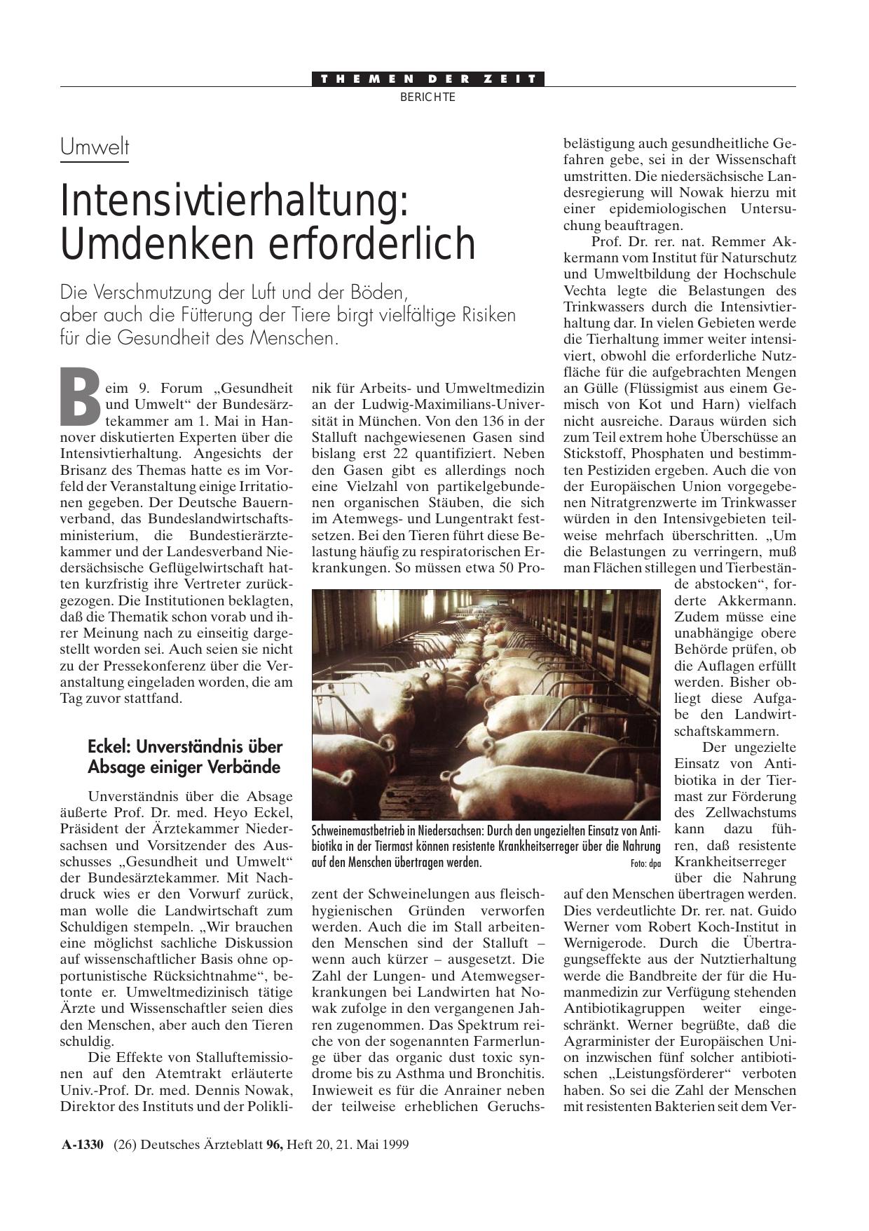 Vorschauseite 1: Umwelt – Intensivtierhaltung: Umdenken erforderlich