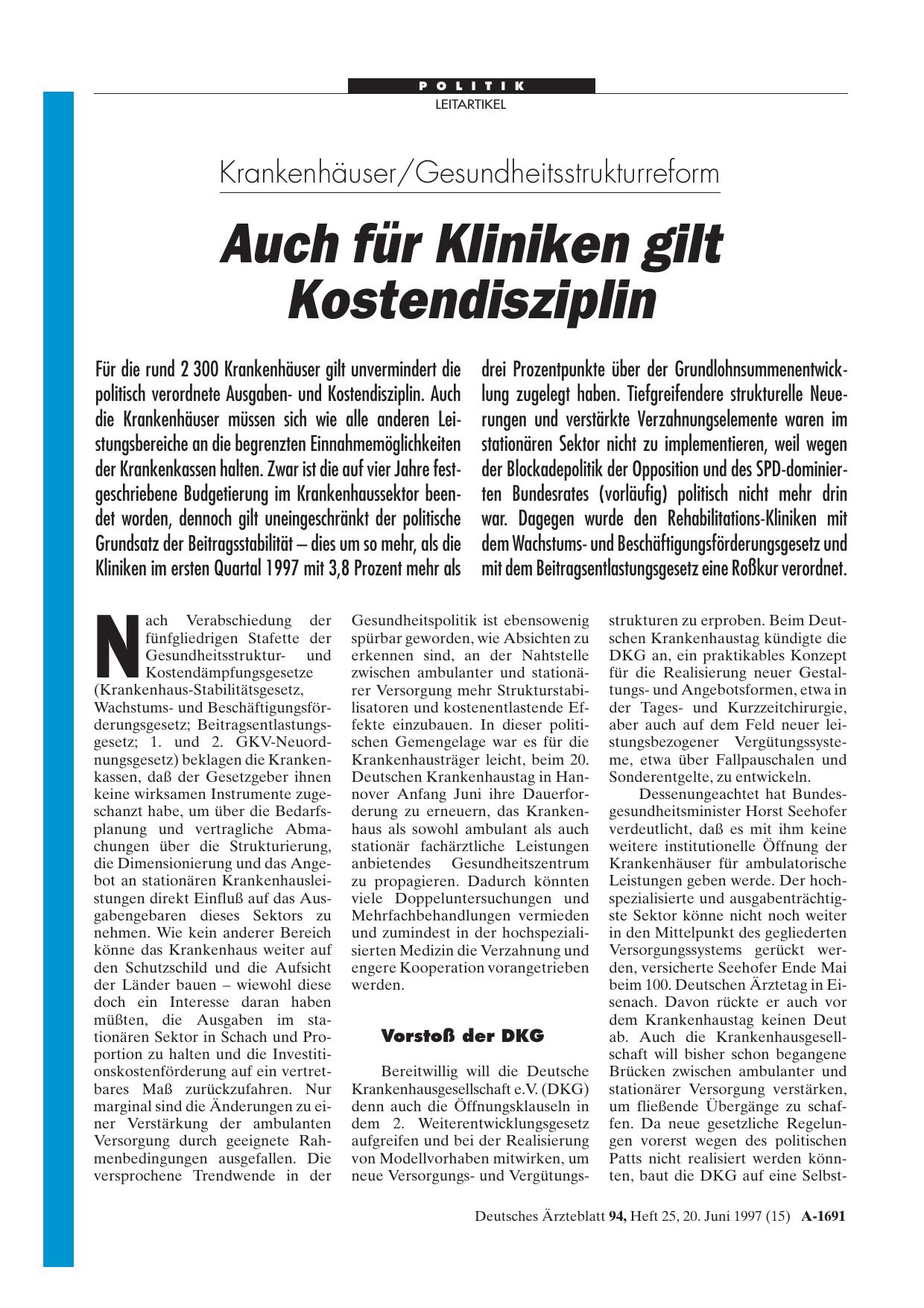 Vorschauseite 1: Krankenhäuser/Gesundheitsstrukturreform: Auch für Kliniken gilt Kostendisziplin