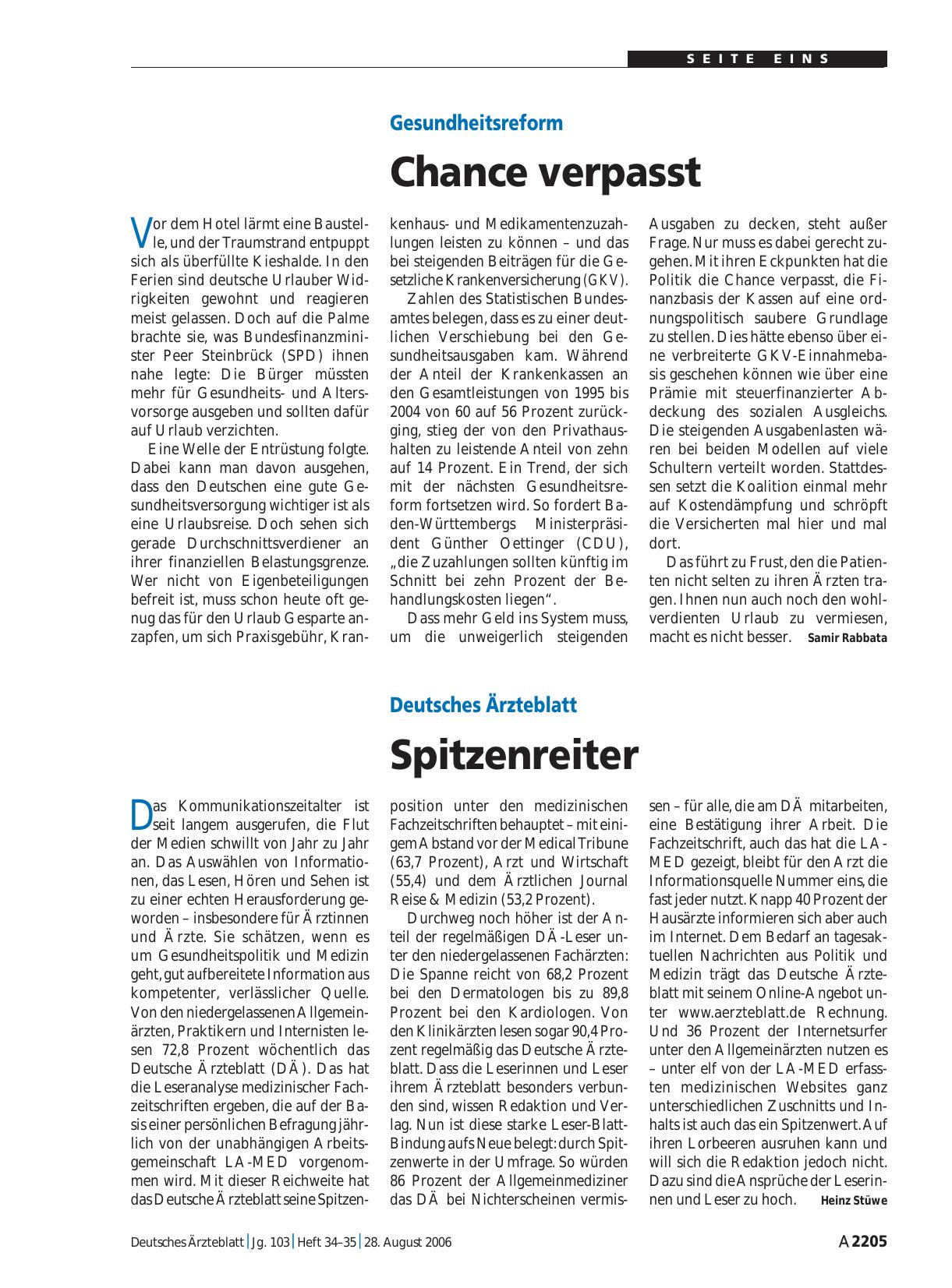 Vorschauseite 1: Deutsches Ärzteblatt: Spitzenreiter
