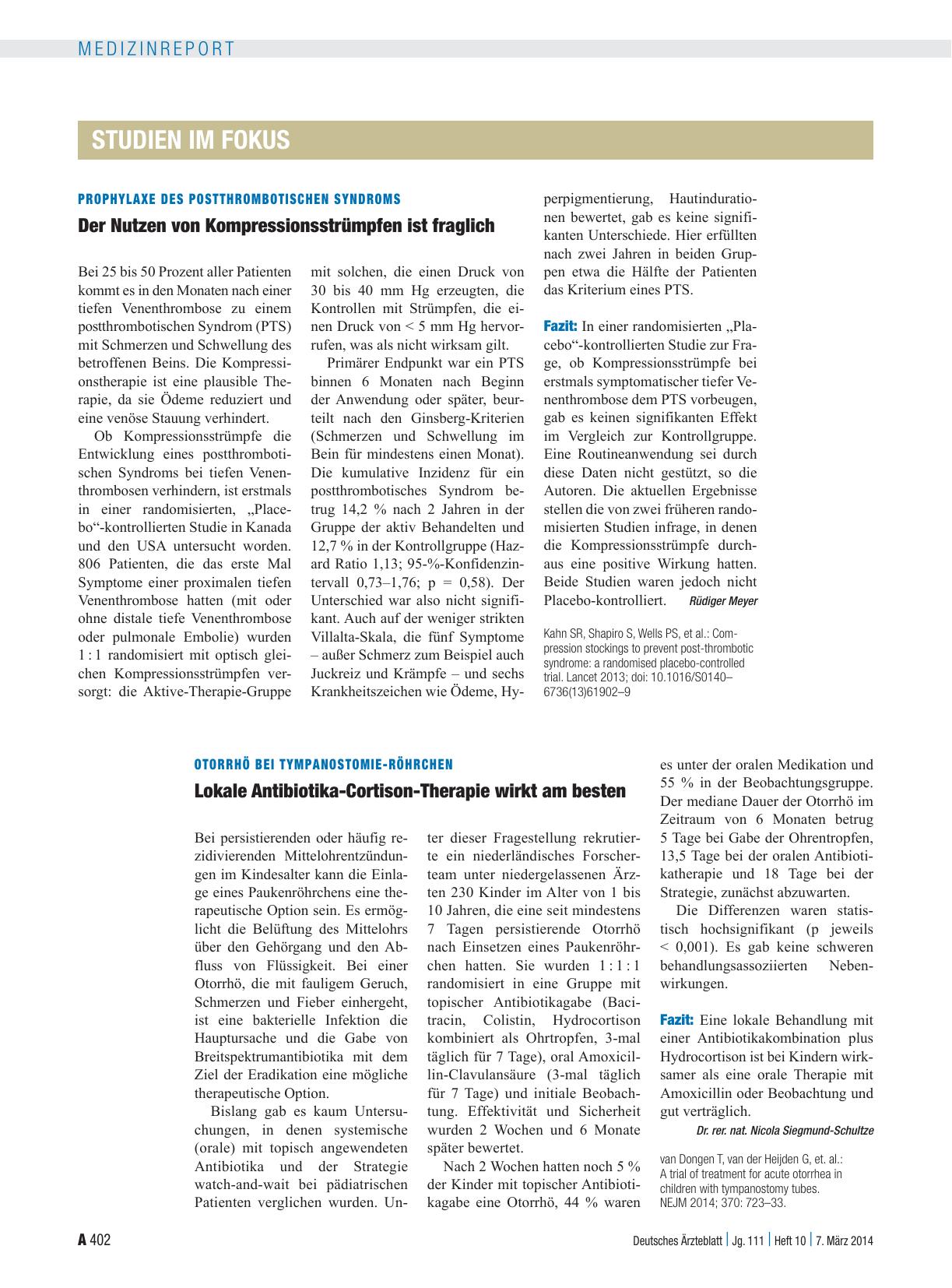 Vorschauseite 1: Prophylaxe des postthrombotischen Syndroms: Der Nutzen von Kompressionsstrümpfen ist fraglich