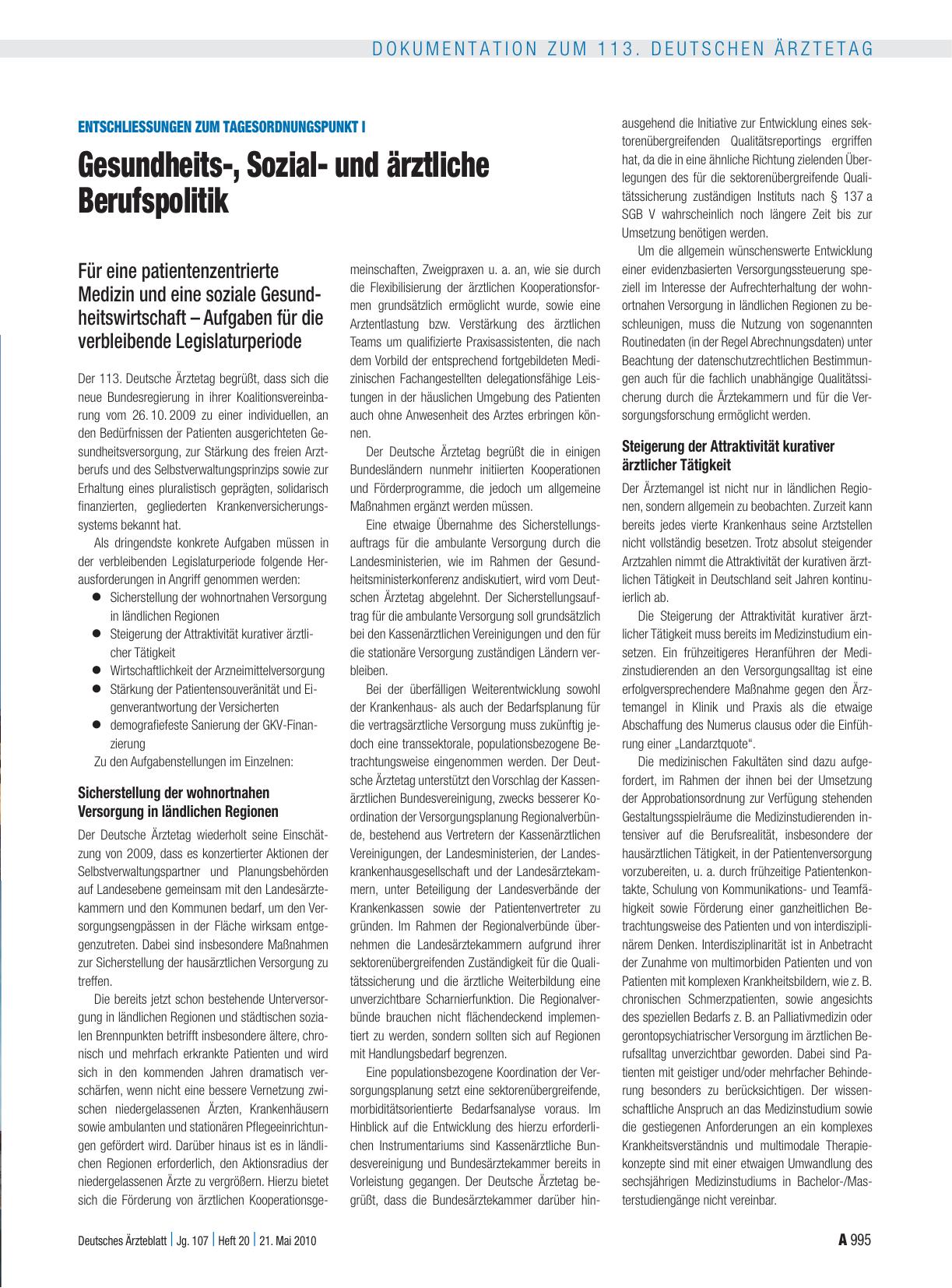 Vorschauseite 1: Entschliessungen zum Tagesordnungspunkt I: Gesundheits-, Sozialund ärztliche Berufspolitik