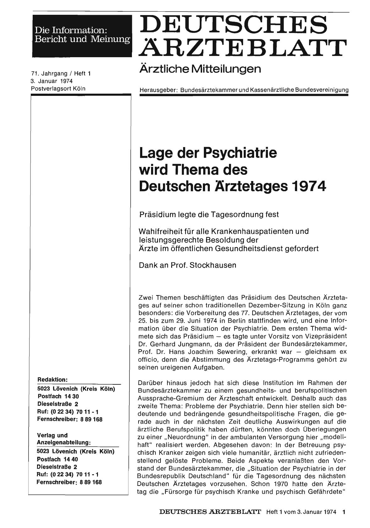 Vorschauseite 1: Lage der Psychiatrie wird Thema des Deutschen Ärztetages 1974