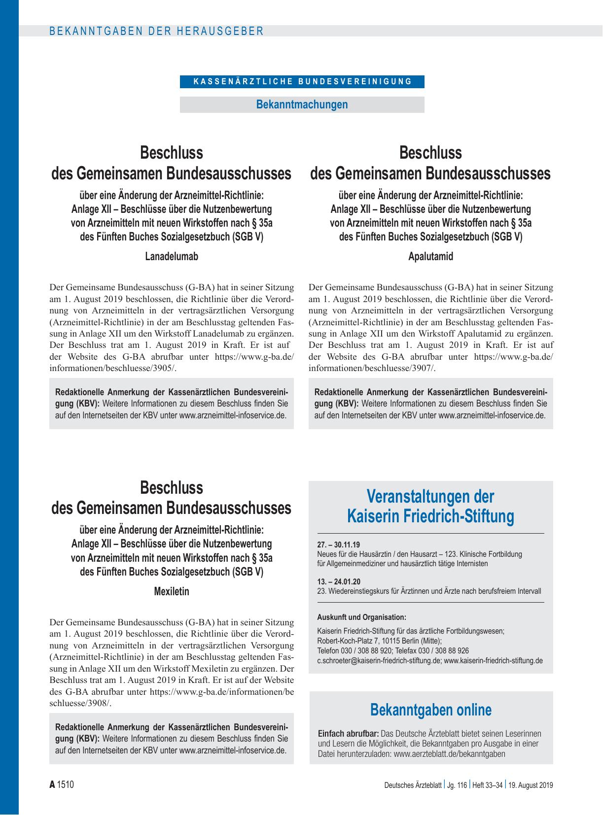 Vorschauseite 1: Beschluss des Gemeinsamen Bundesausschusses über eine Änderung der Arzneimittel-Richtlinie: Anlage XII – Beschlüsse über die Nutzenbewertung von Arzneimitteln mit neuen Wirkstoffe…