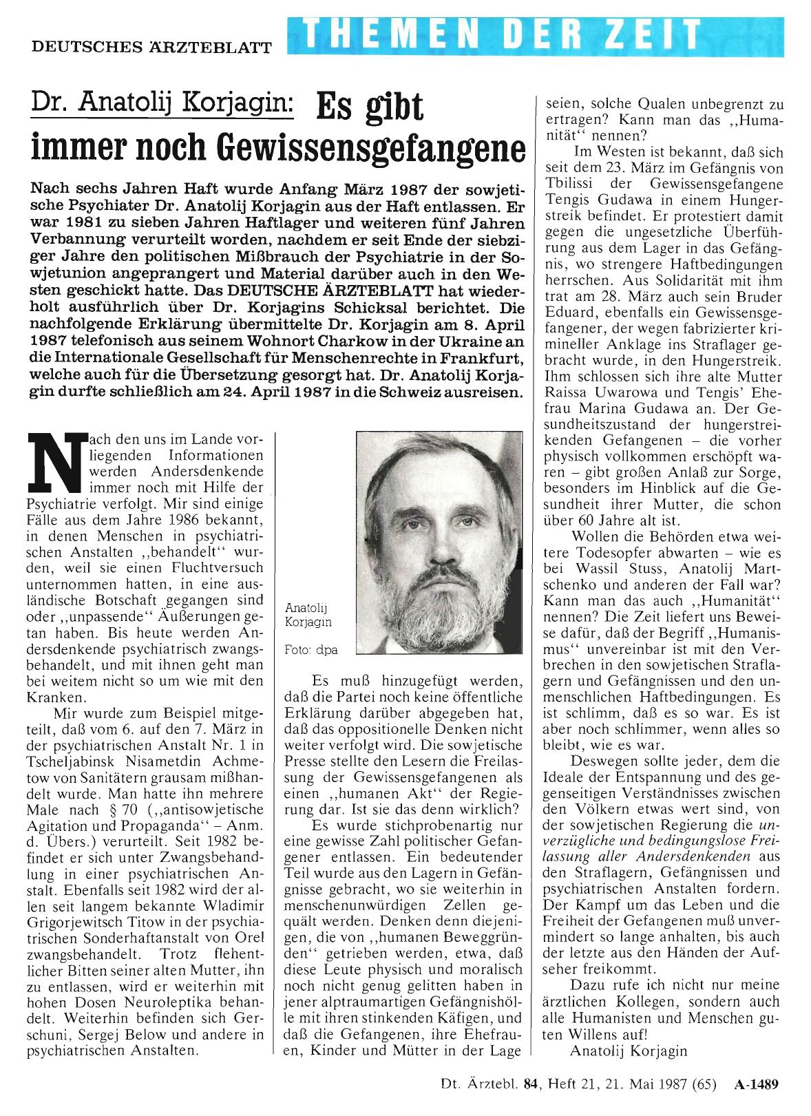 Vorschauseite 1: Dr. Anatolij Korjagin: Es gibt immer noch Gewissensgefangene