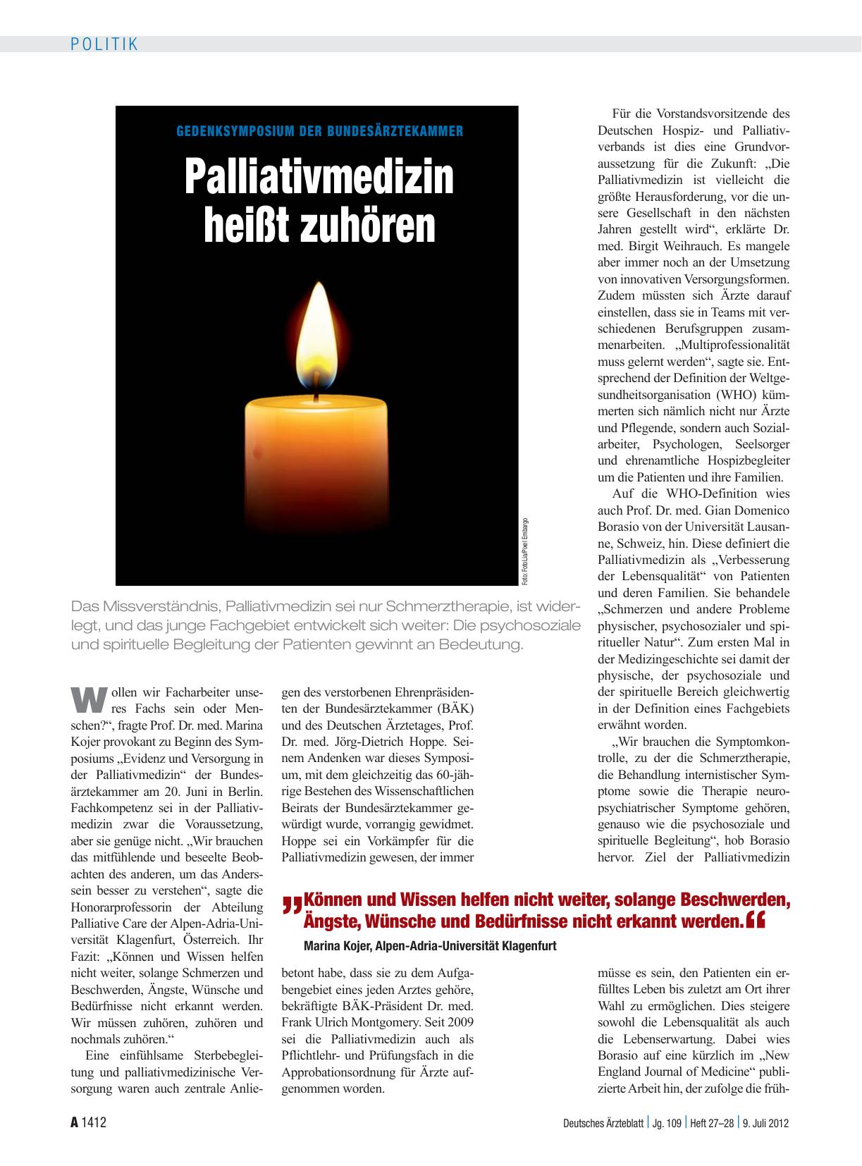 Vorschauseite 1: Gedenksymposium der Bundesärztekammer: Palliativmedizin heißt zuhören