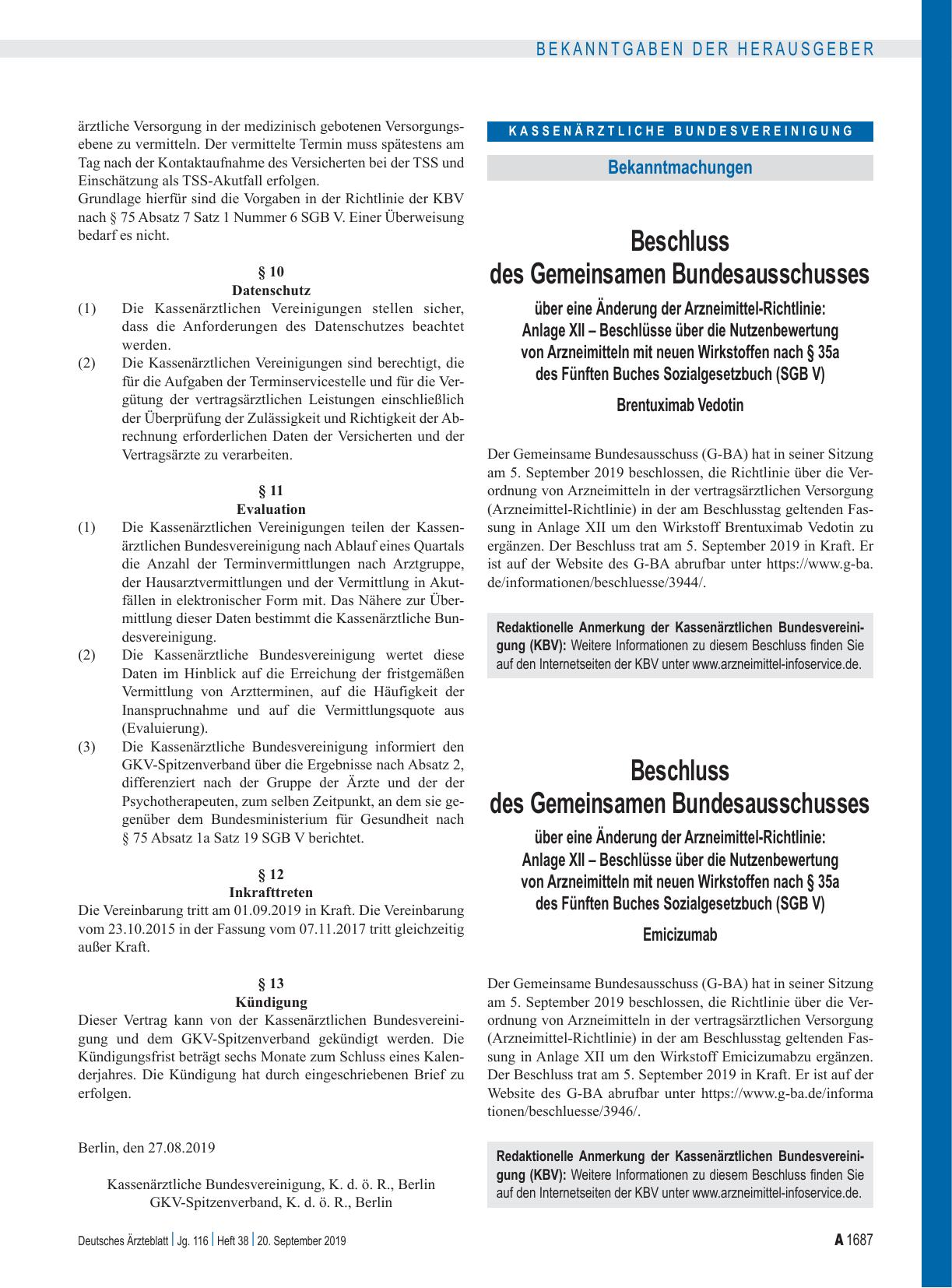 Vorschauseite 1: Beschluss des Gemeinsamen Bundesausschusses über eine Änderung der Arzneimittel-Richtlinie: Anlage XII – Emicizumab