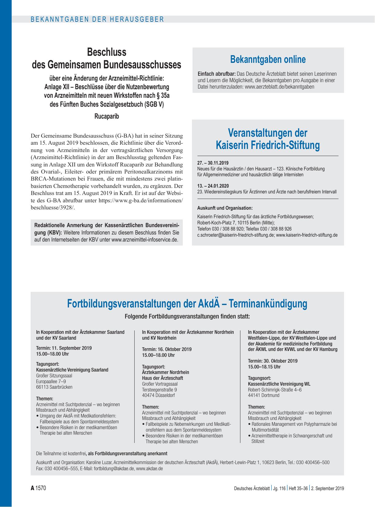Vorschauseite 1: Beschluss des Gemeinsamen Bundesausschusses über eine Änderung der Arzneimittel-Richtlinie: Anlage XII – Rucaparib