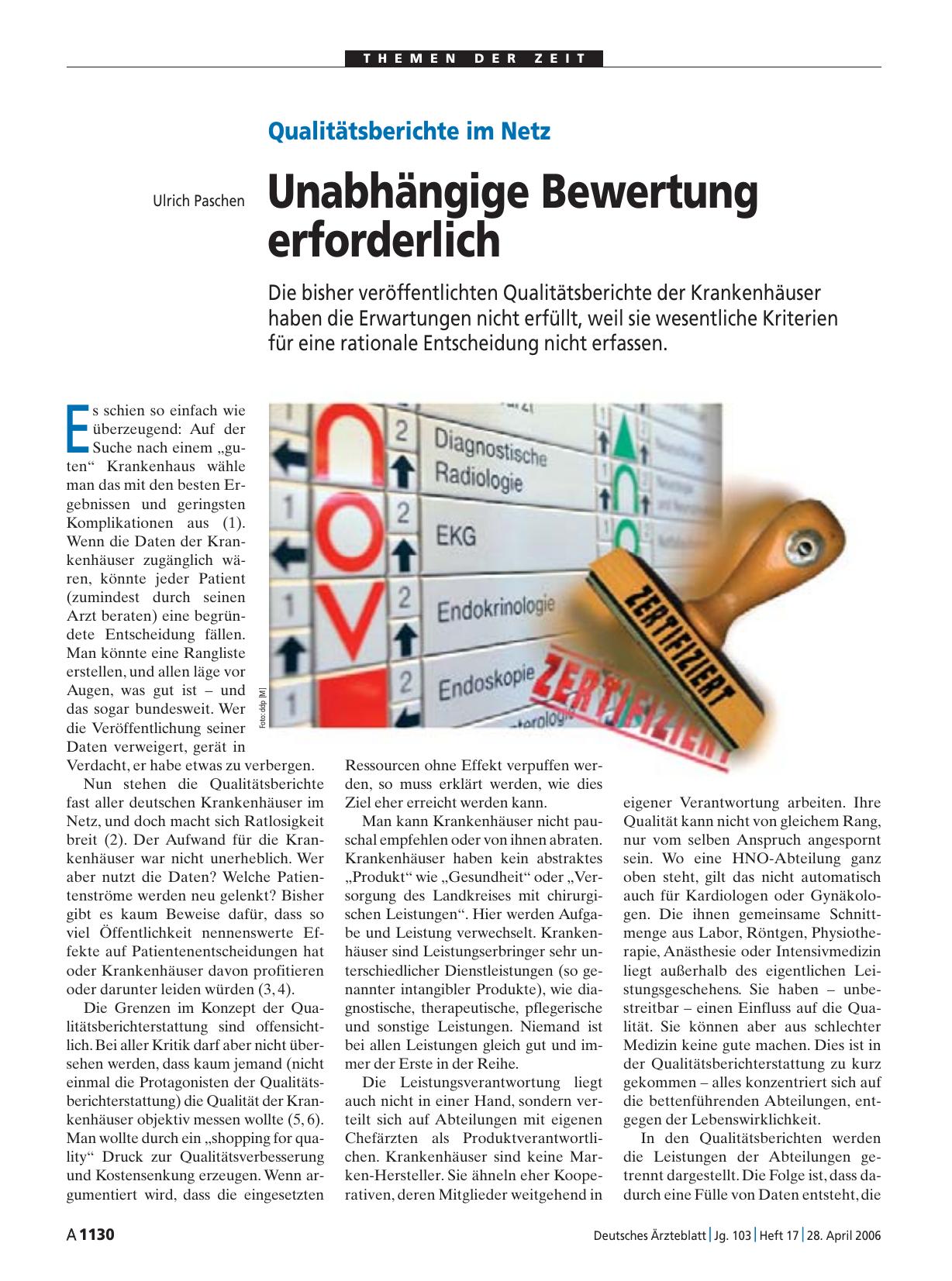 Vorschauseite 1: Qualitätsberichte im Netz: Unabhängige Bewertung erforderlich