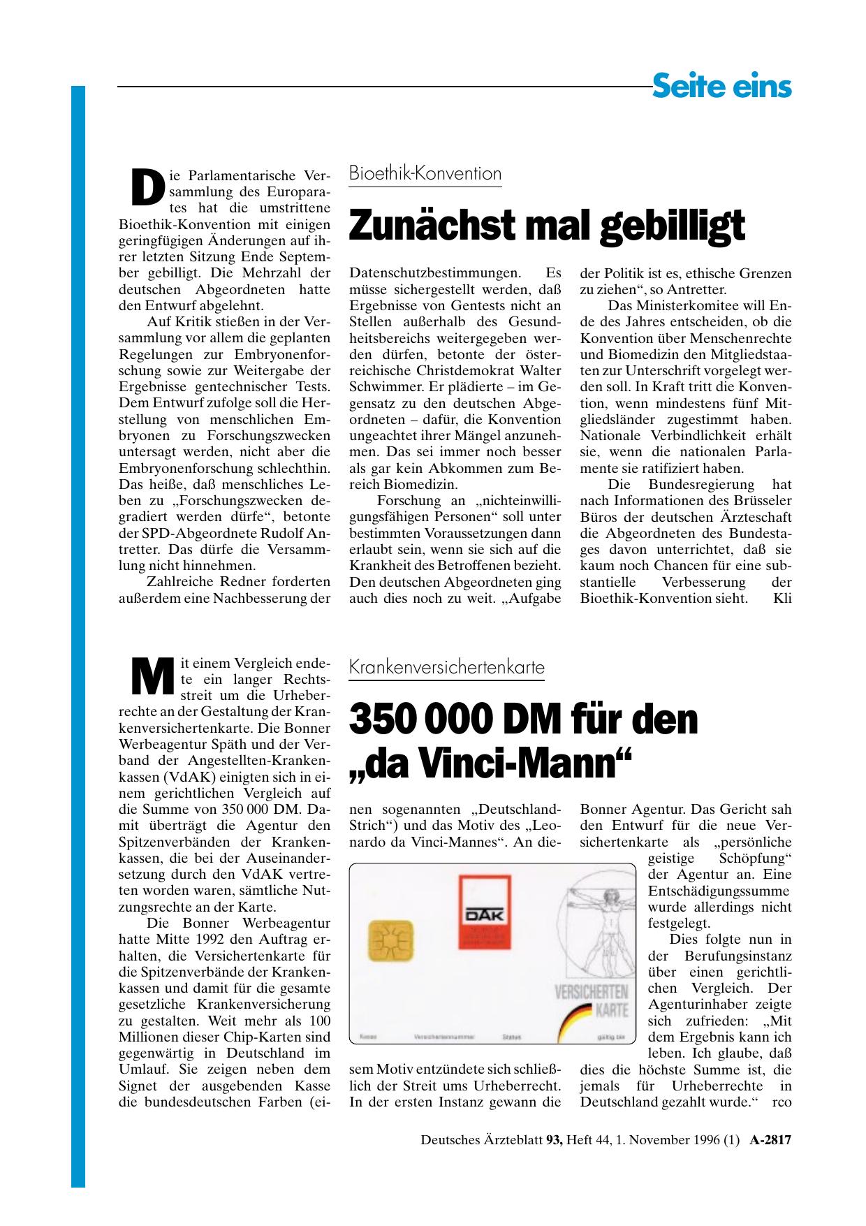 Vorschauseite 1: Krankenversichertenkarte: 350 000 DM für den „da Vinci-Mann“