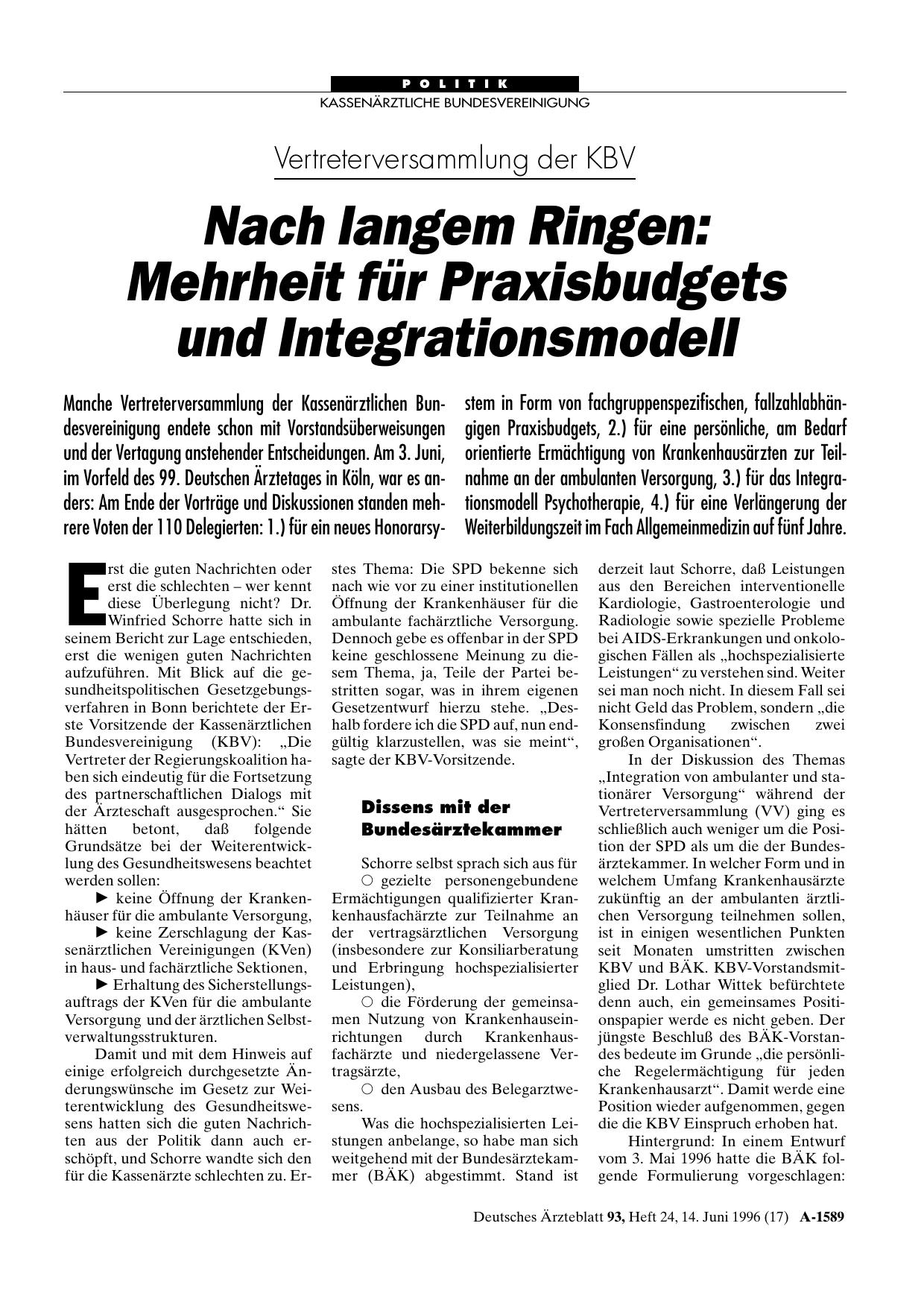 Vorschauseite 1: Vertreterversammlung der KBV – Nach langem Ringen: Mehrheit für Praxisbudgets und Integrationsmodell