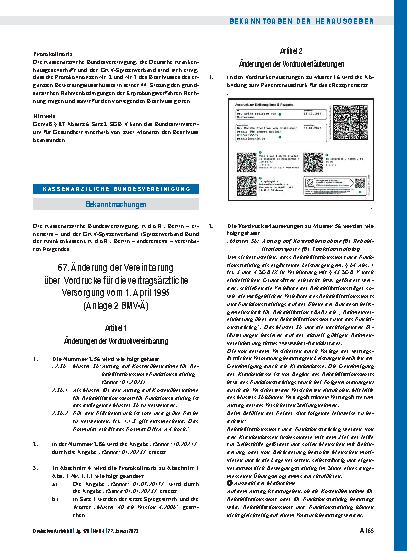 Vorschauseite 1: 67. Änderung der Vereinbarung über Vordrucke für die vertragsärztliche Versorgung vom 1. April 1995 (Anlage 2 BMV-Ä)