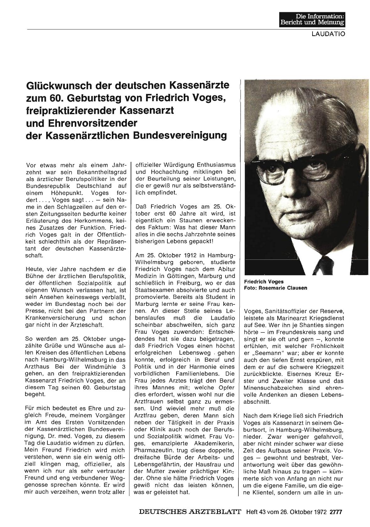 Vorschauseite 1: Glückwunsch der deutschen Kassenärzte zum 60. Geburtstag von Friedrich Voges, freipraktizierender Kassenarzt und Ehrenvorsitzender der Kassenärztlichen Bundesvereinigung
