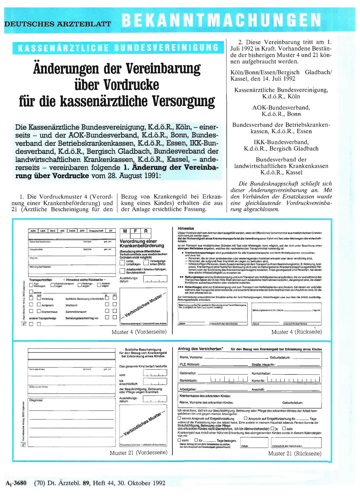 Vorschauseite 1: Änderungen der Vereinbarung über Vordrucke für die kassenärztliche Versorgung