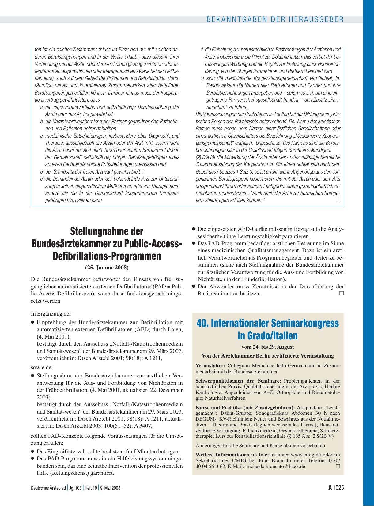 Vorschauseite 1: Stellungnahme der Bundesärztekammer zu Public-Access-Defibrillations-Programmen