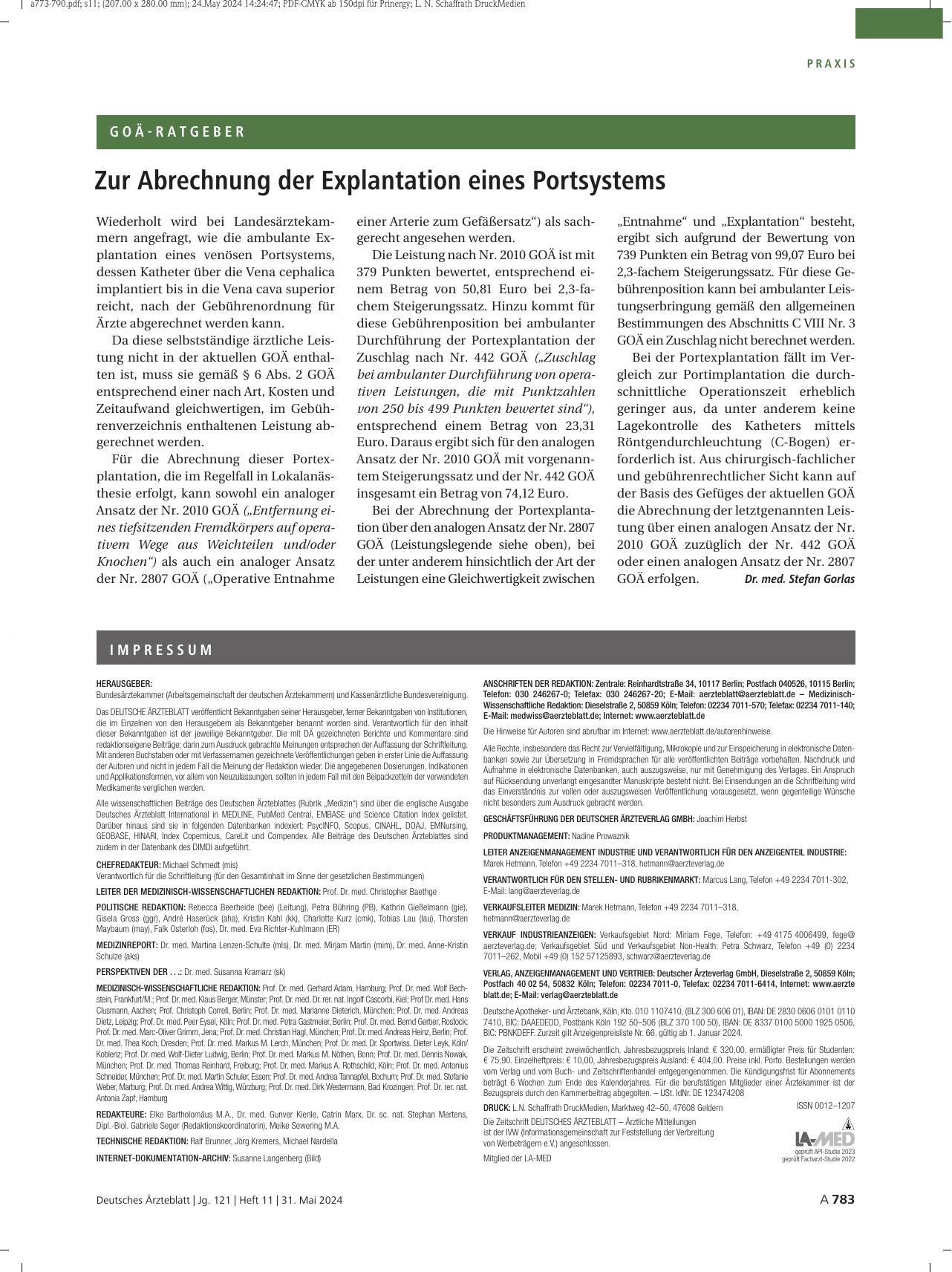 Vorschauseite 1: Zur Abrechnung der Explantation eines Portsysthems
