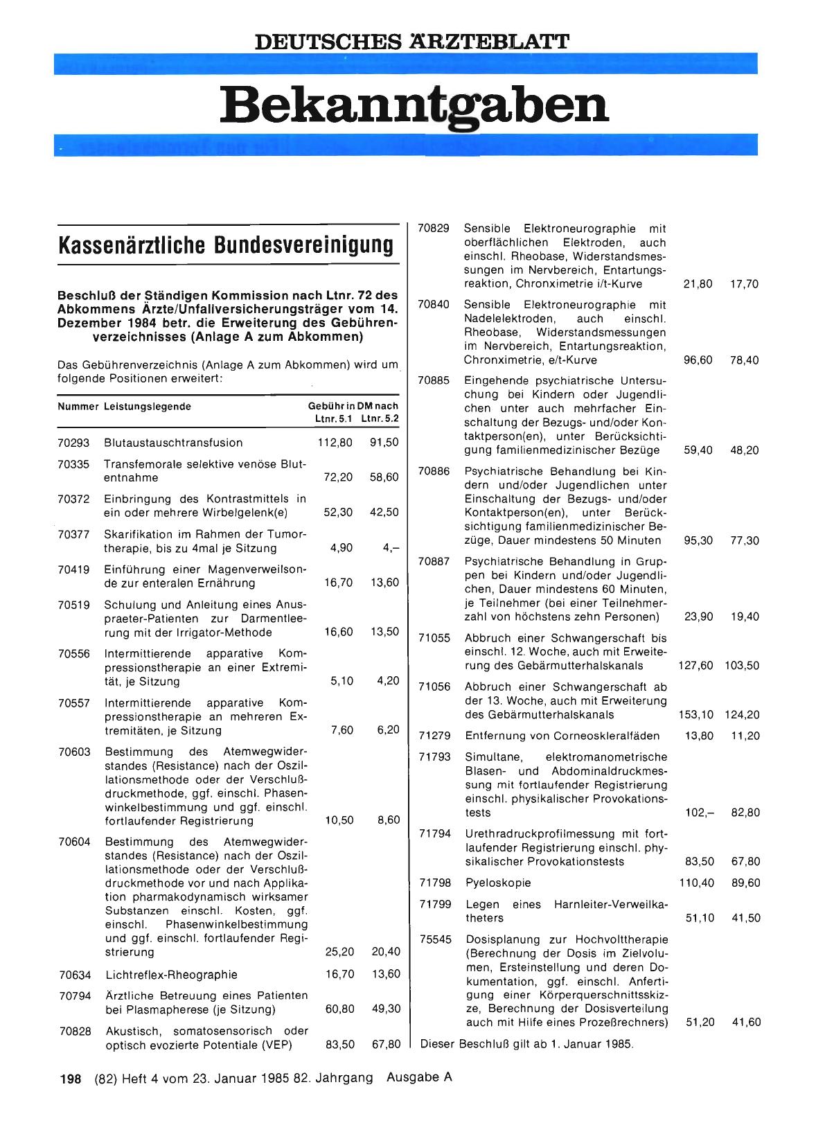 Vorschauseite 1: Beschluß der Ständigen Kommission nach Ltnr. 72 des Abkommens Arzte/Unfallversicherungsträger vom 14. Dezember 1984