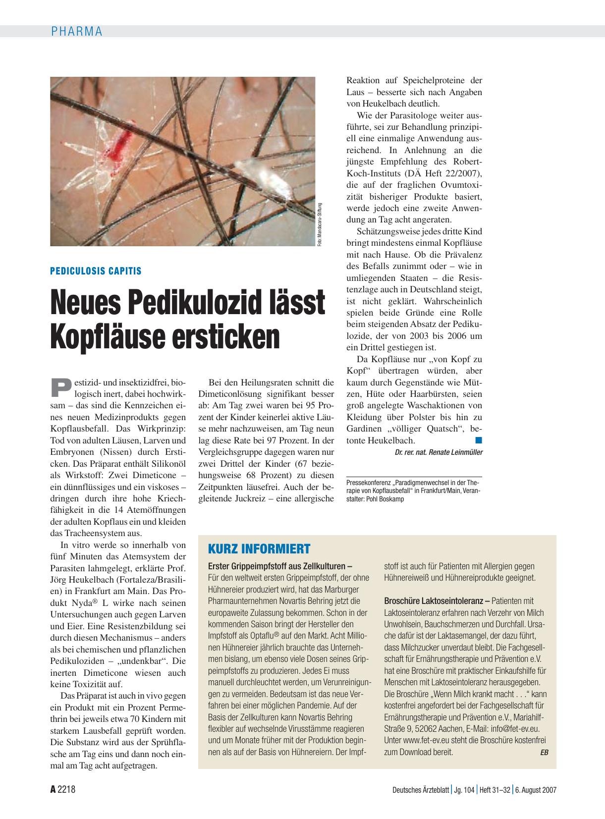 Vorschauseite 1: Pediculosis capitis: Neues Pedikulozid lässt Kopfläuse ersticken