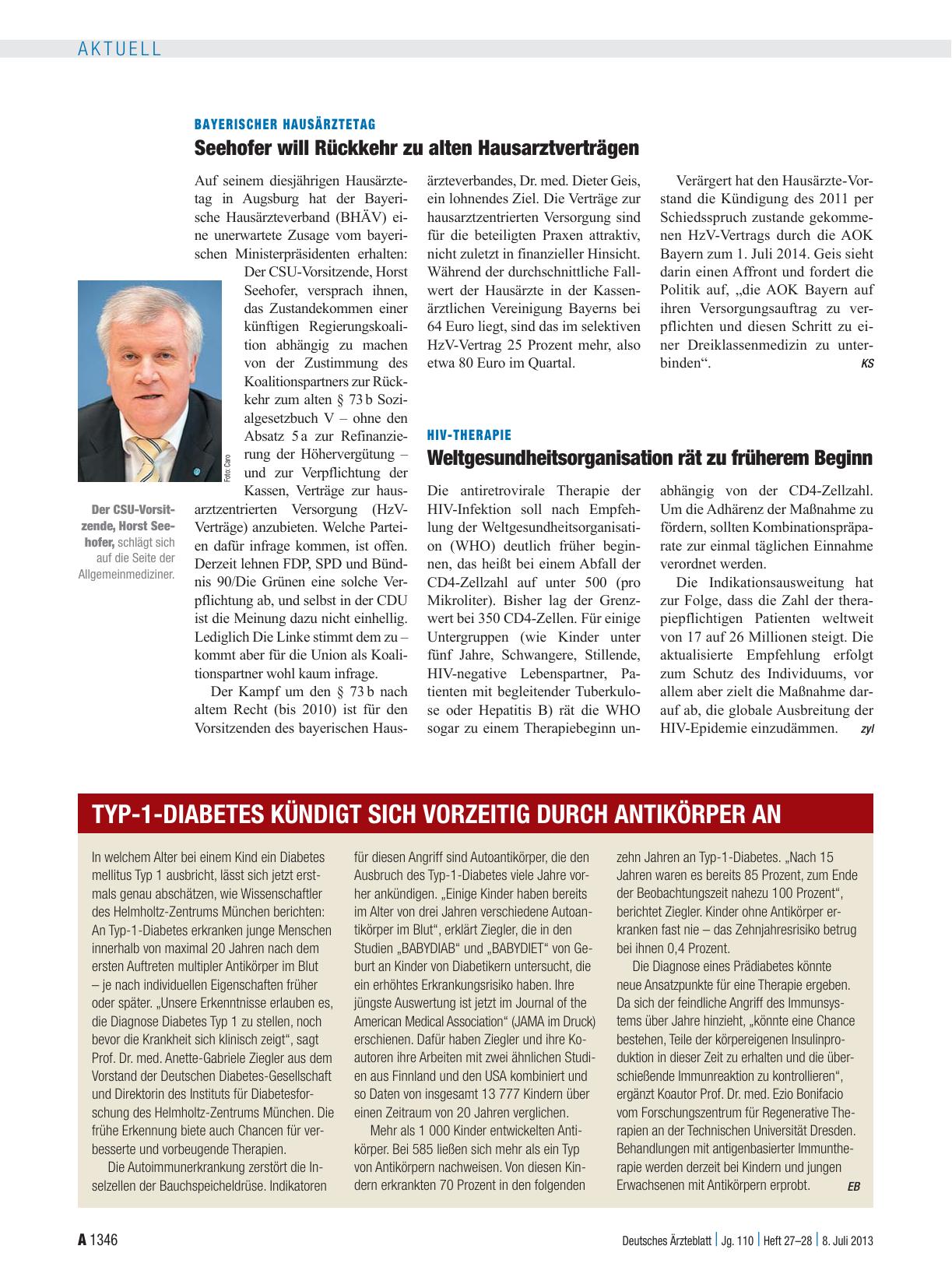 Vorschauseite 1: Bayerischer Hausärztetag: Seehofer will Rückkehr zu alten Hausarztverträgen