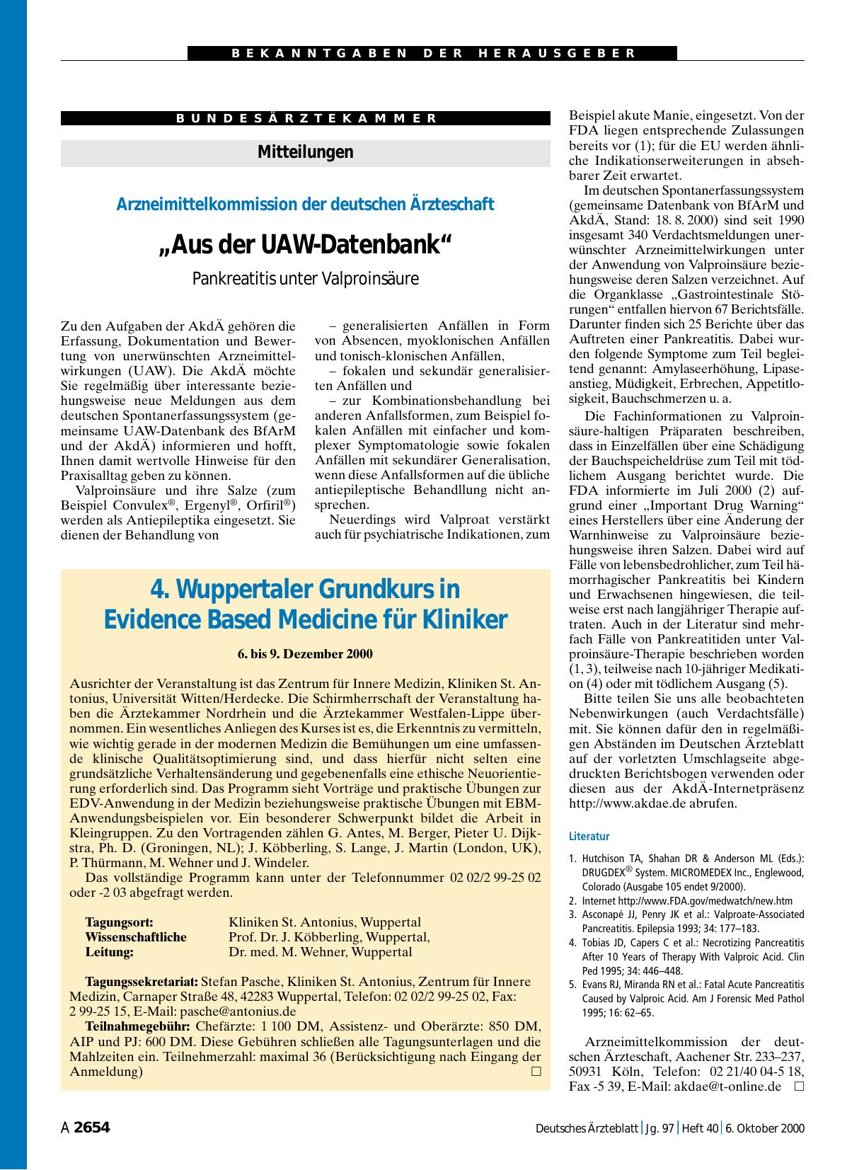 Vorschauseite 1: „Aus der UAW-Datenbank“: Pankreatitis unter Valproinsäure