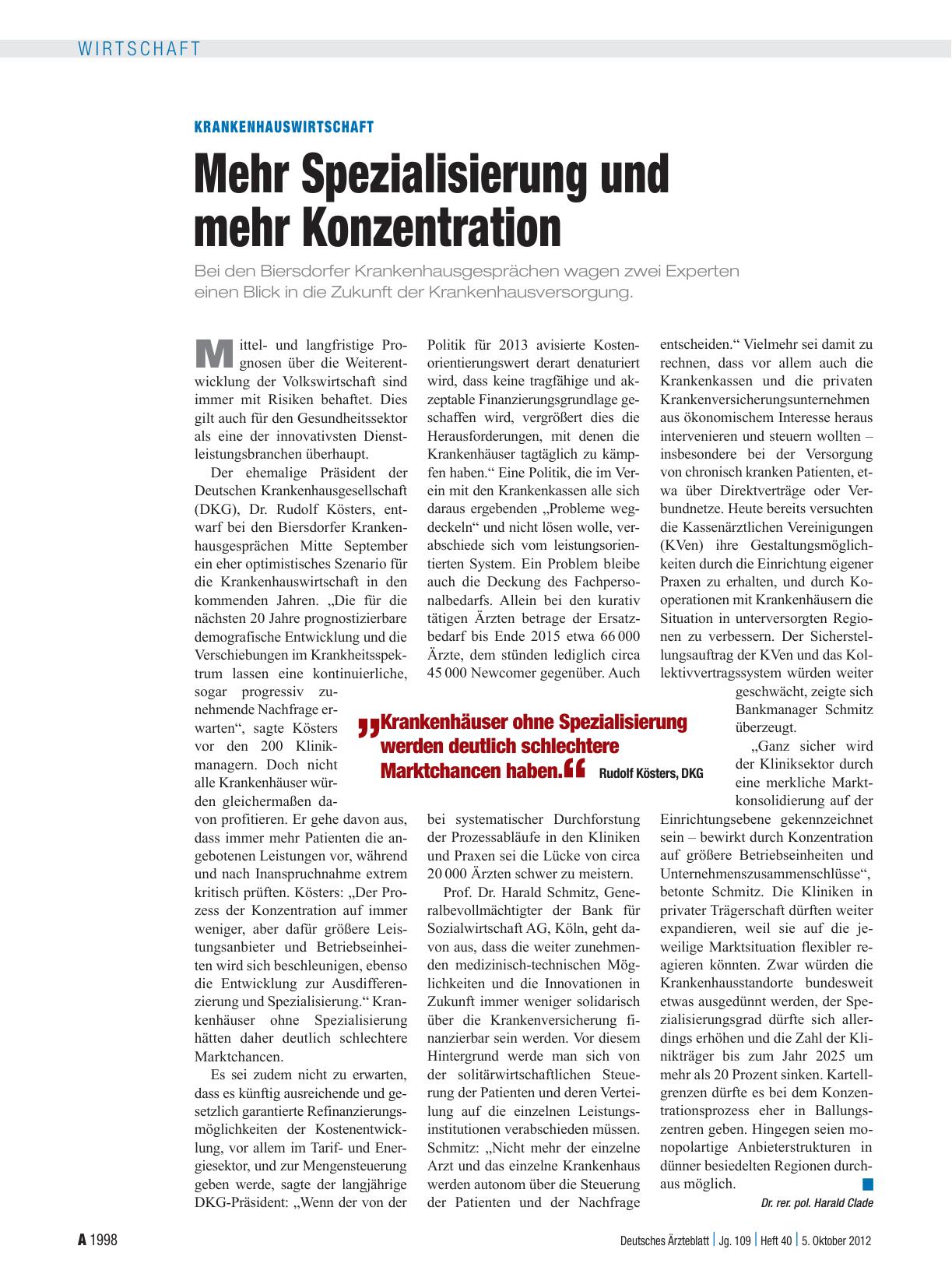 Vorschauseite 1: Krankenhauswirtschaft: Mehr Spezialisierung und mehr Konzentration