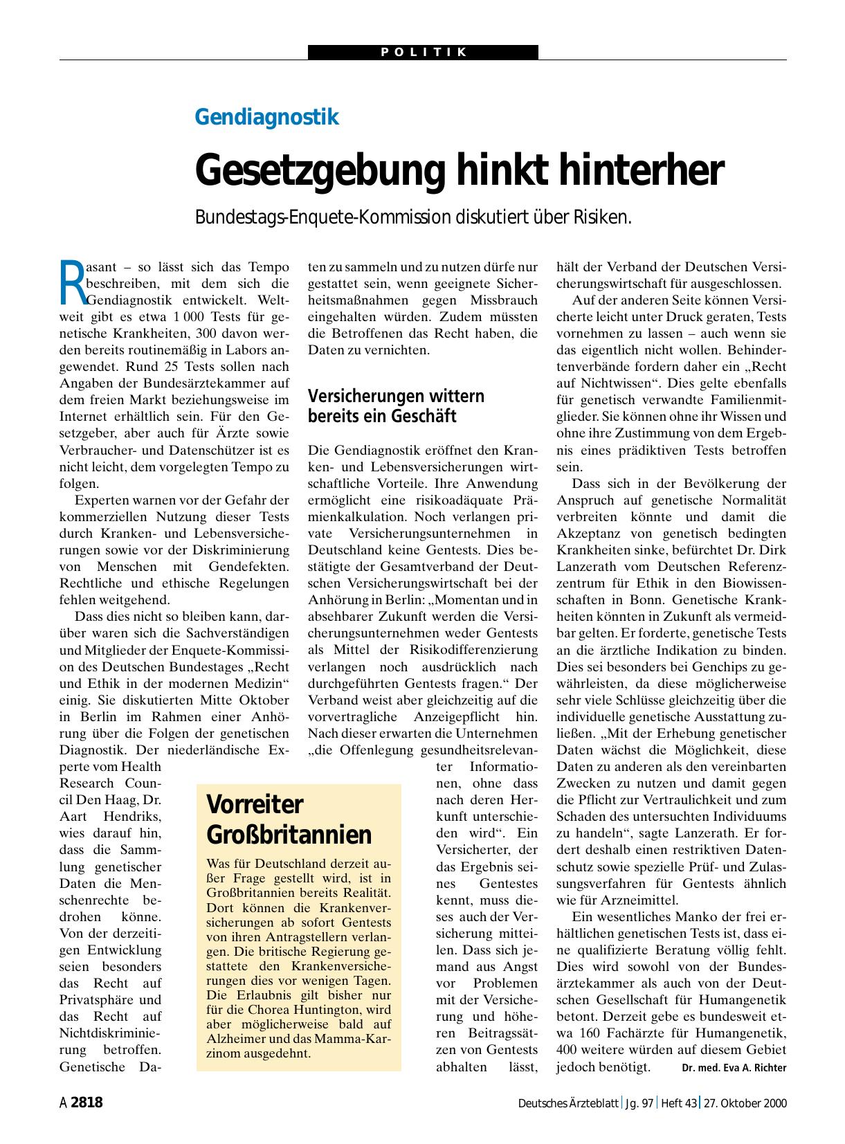 Vorschauseite 1: Gendiagnostik: Gesetzgebung hinkt hinterher