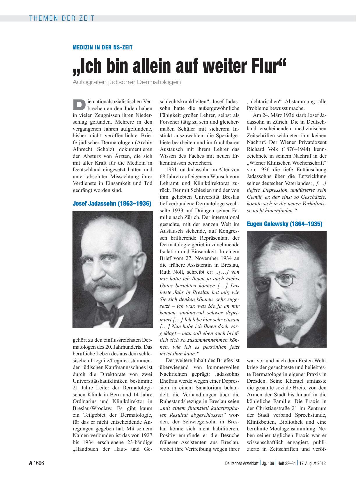 Vorschauseite 1: Medizin in der NS-Zeit: „Ich bin allein auf weiter Flur“
