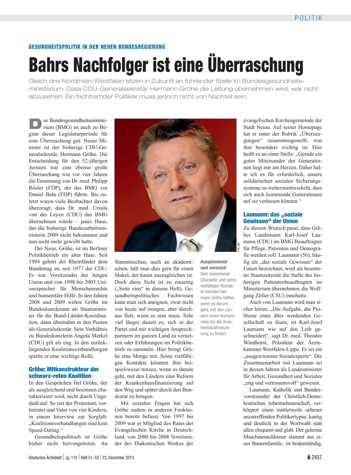 Vorschauseite 1: Gesundheitspolitik in der neuen Bundesregierung: Bahrs Nachfolger ist eine Überraschung
