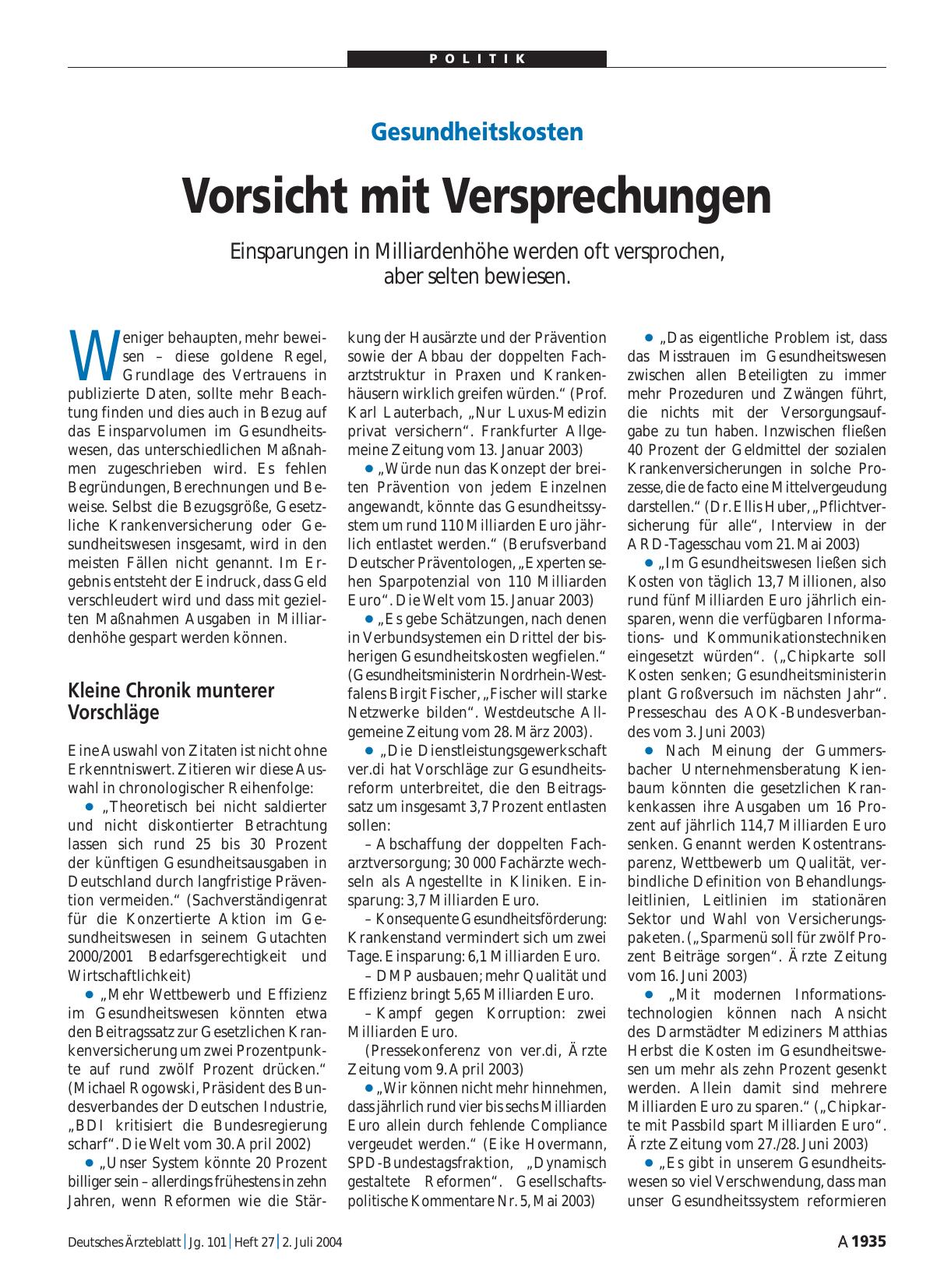 Vorschauseite 1: Gesundheitskosten: Vorsicht mit Versprechungen