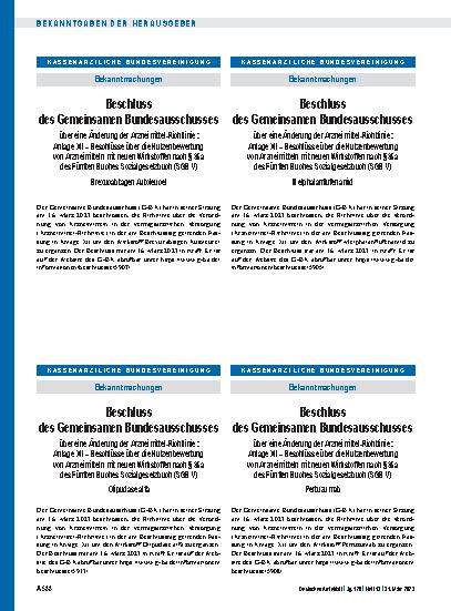 Vorschauseite 1: Beschluss des Gemeinsamen Bundesausschusses über eine Änderung der Arzneimittel-Richtlinie: Melphalanflufenamid