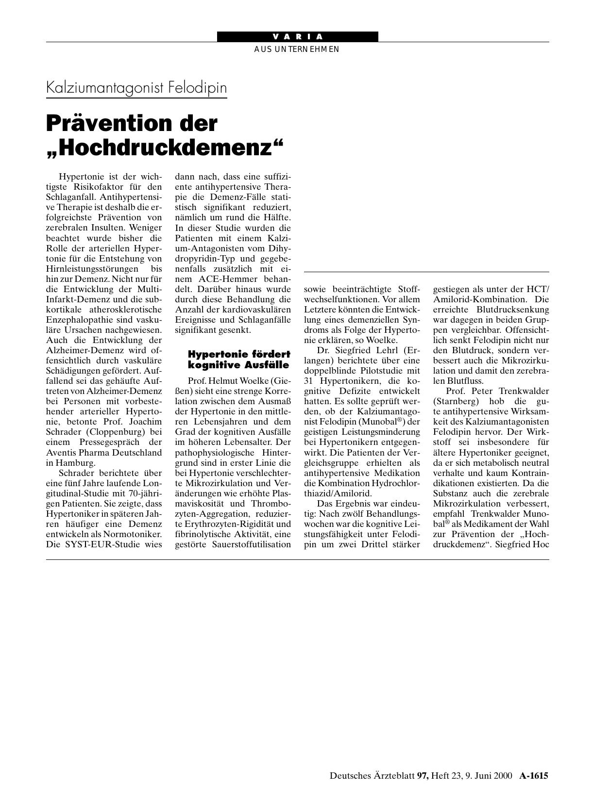 Vorschauseite 1: Kalziumantagonist Felodipin: Prävention der „Hochdruckdemenz“