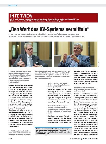 Vorschauseite 1: Interview mit Dr. med. Andreas Gassen, Vorstandsvorsitzender der Kassenärztlichen Bundesvereinigung (KBV) und Dipl-Psych. Hans-Jochen Weidhaas, Vorsitzender der Vertreterversammlu…